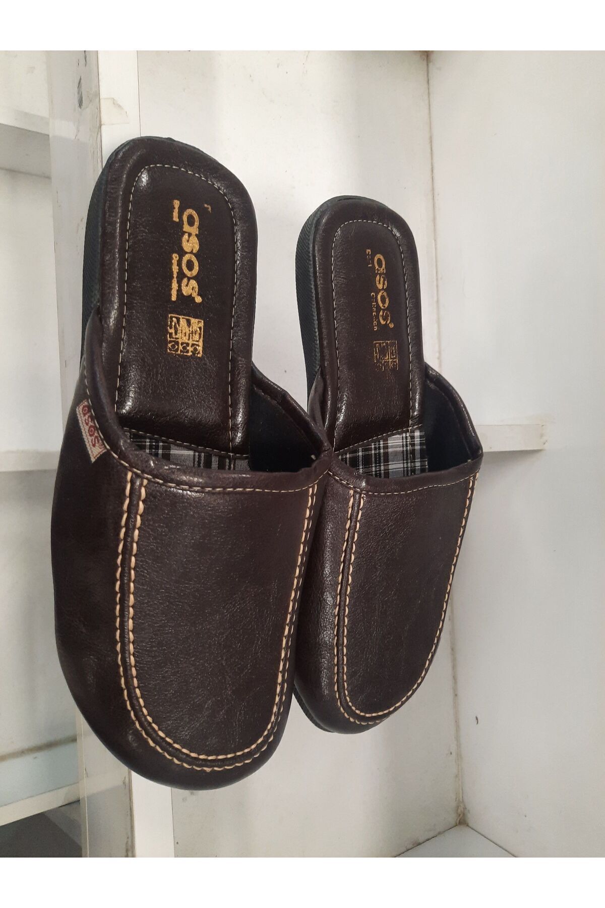 ASOS-Men's Brown Faux Leather House Slippers 2