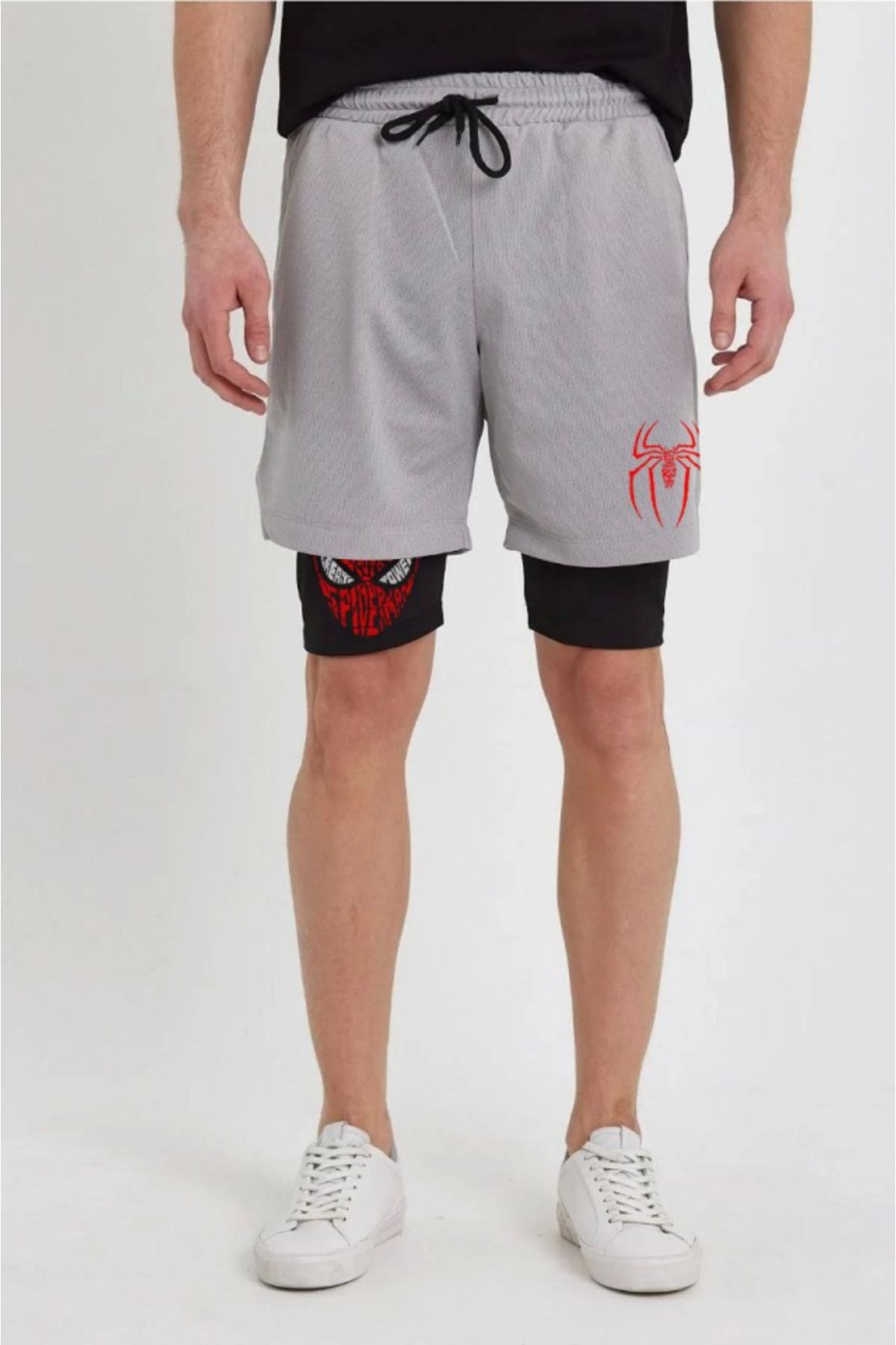 MODA Unisex Baskılı İç Cepli Sporcu Alt Taytlı Şort - Gri