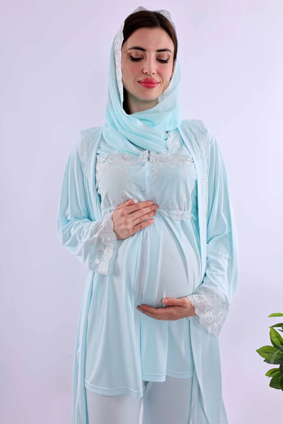 ByLohusa Effortt Turkuaz Tesettürlü Uzun Sabahlıklı Hamile Lohusa Pijama Takımı Byl2t24072