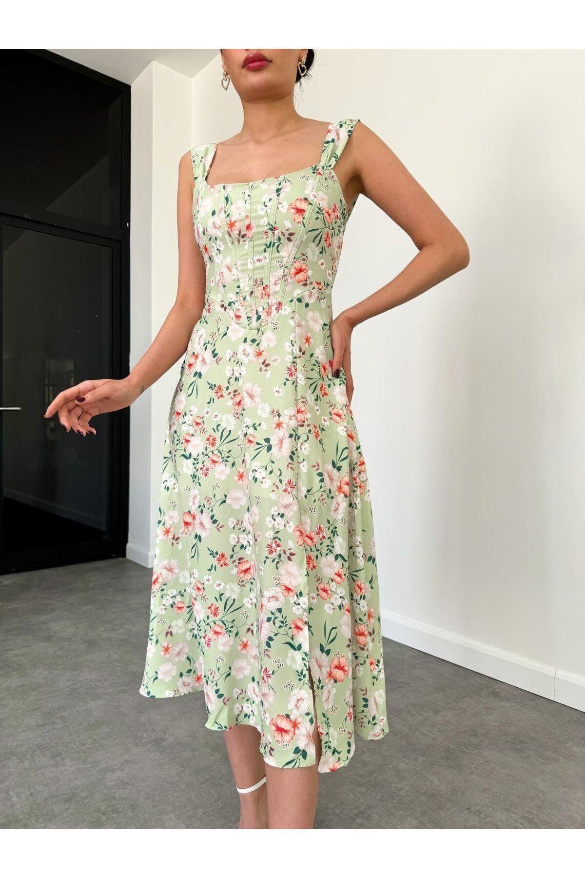 MİSSCİXFASHİON-Thick Strap Floral Midi Women's Evening Dress - Back Rope Tie Graduation Dress 3
