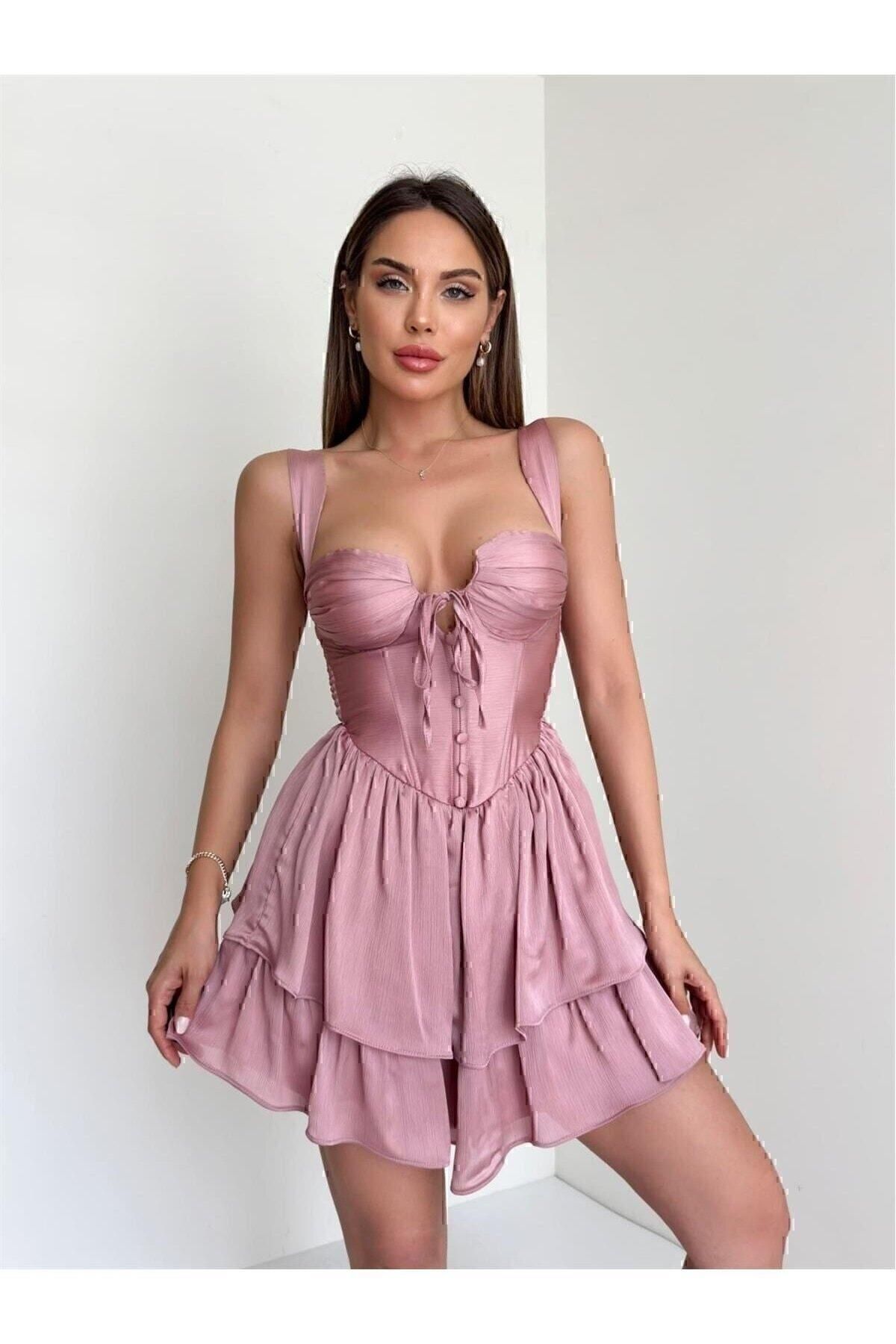 MİSSCİXFASHİON-Chest Detailed Thick Strap Backless Powder Mini Dress - Evening Dress & Graduation Dress 1