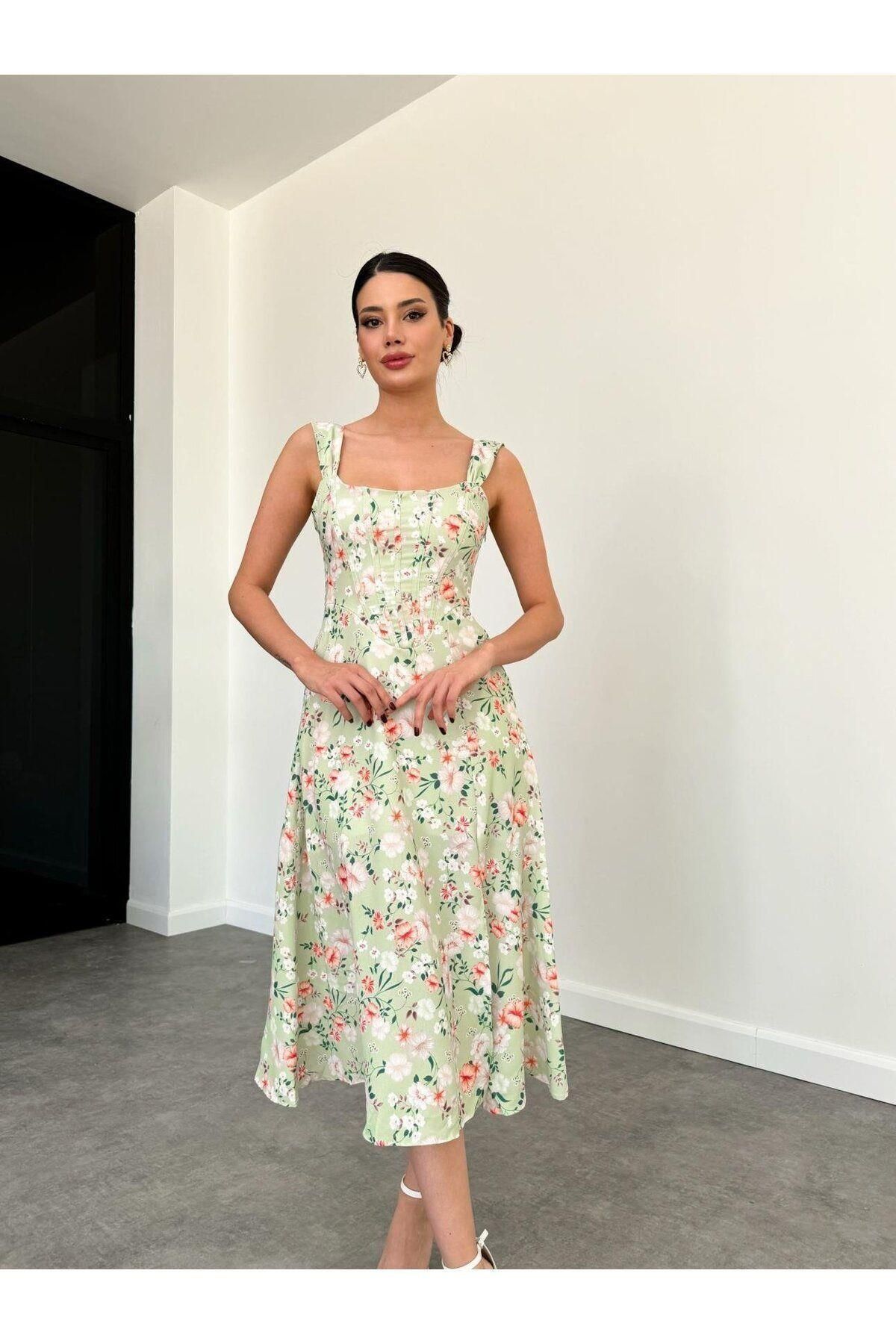 MİSSCİXFASHİON-Thick Strap Floral Midi Women's Evening Dress - Back Rope Tie Graduation Dress 5