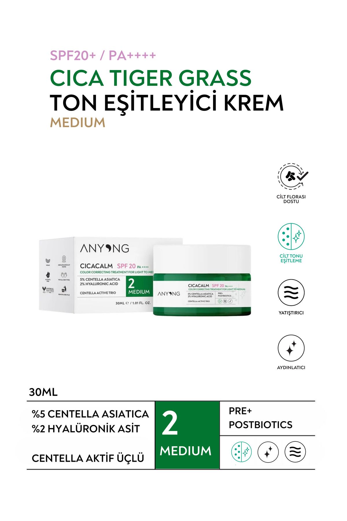 Anyong-Cica Tiger Grass Tone - Equalizing and Anti-Redness, Cream Medium 20 Spf 30 ml 2