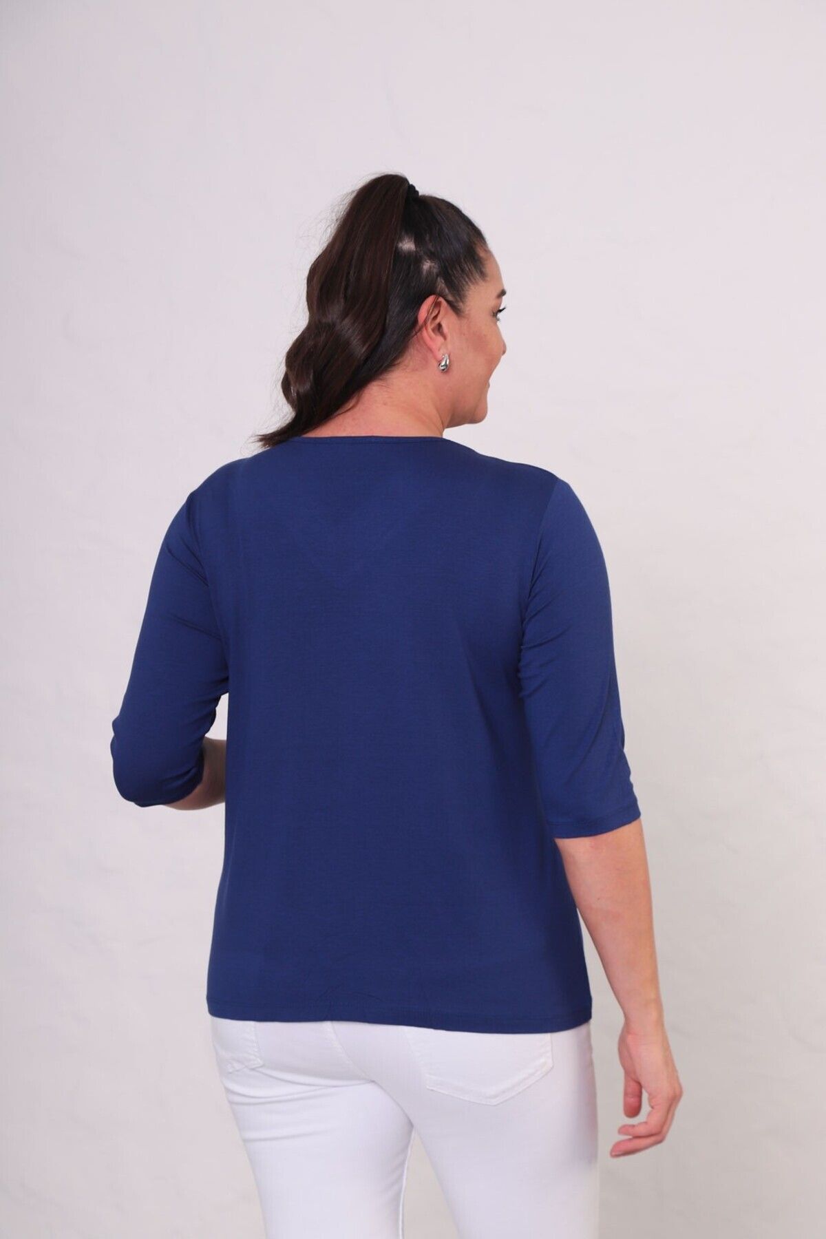 tarzımsüper-Women's V-Neck Capri Sleeve Stone Printed Comfort Model Blouse 6