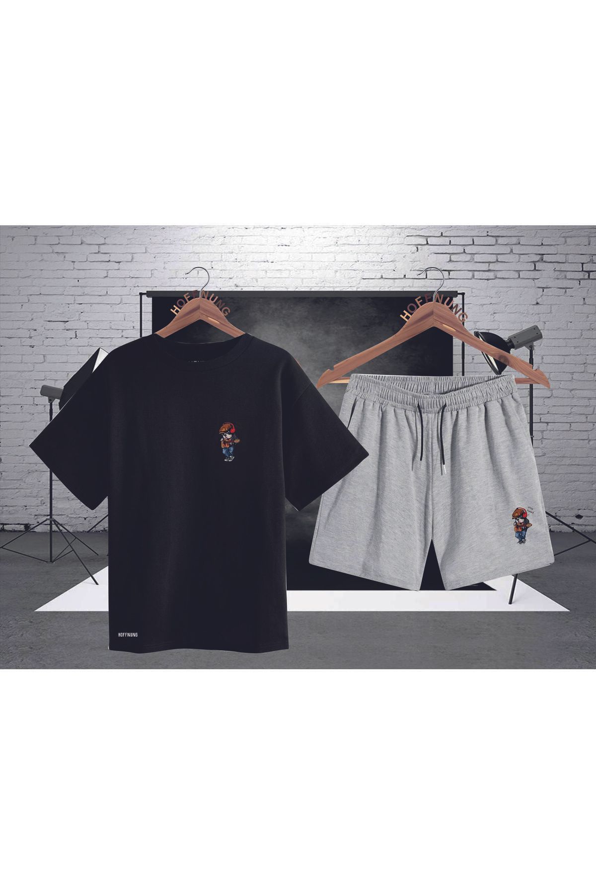HOFFNUNG Full Shorts Ayı Bizi Izlemeye Devam Edin Baskı Alt-üst Takım