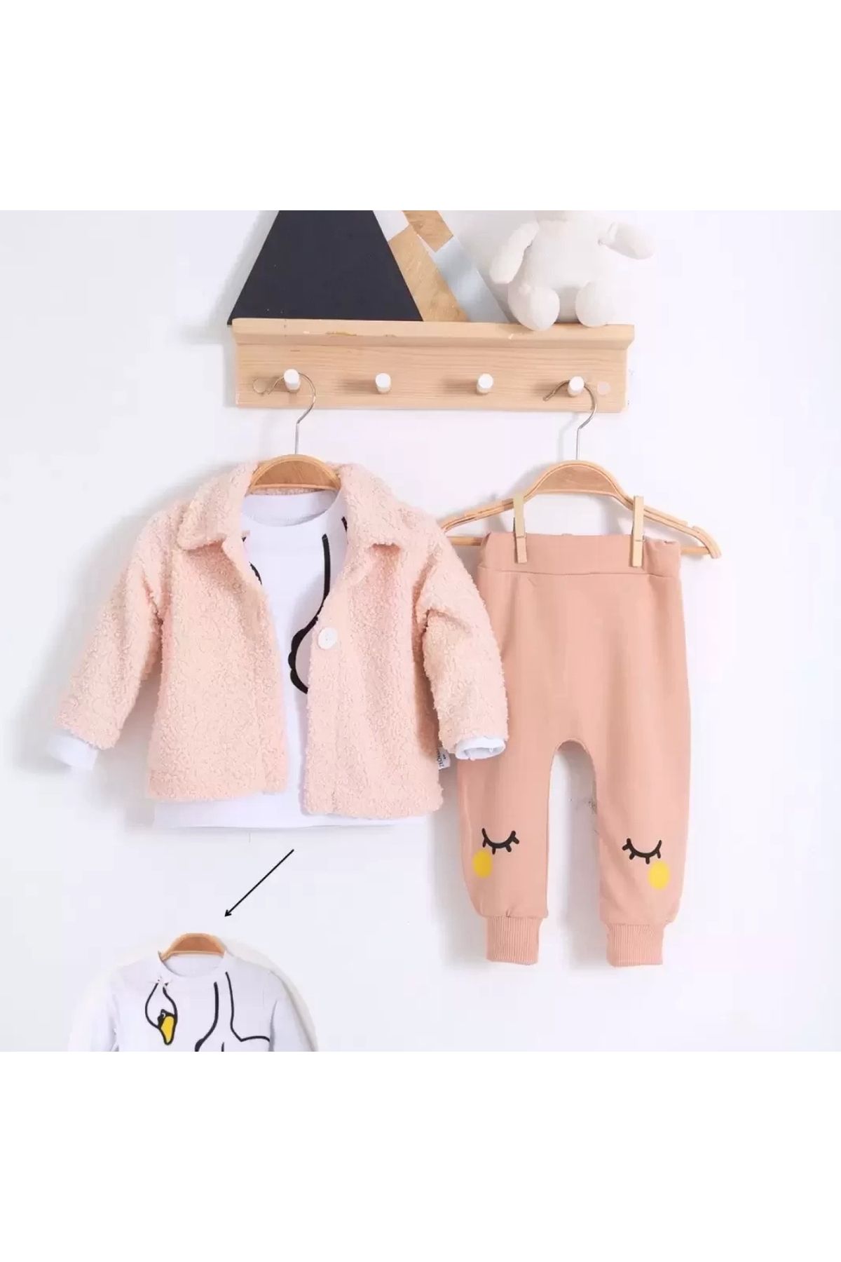 BYB MODA TASARIM 3-18 Ay Kız Bebek Takımı Peluş Hırkalı 3 Lü Açık Pembe