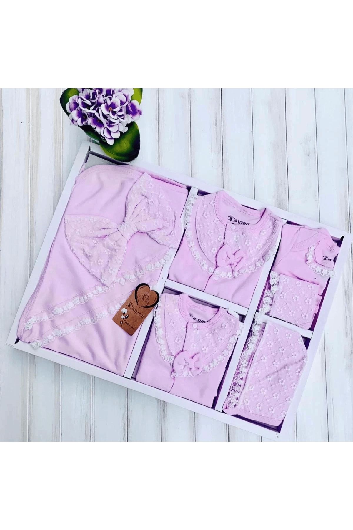 BYB MODA TASARIM Dantelli Kız Bebek 10 Parça kız Bebek Hastane Çıkışı Kutulu Pembe