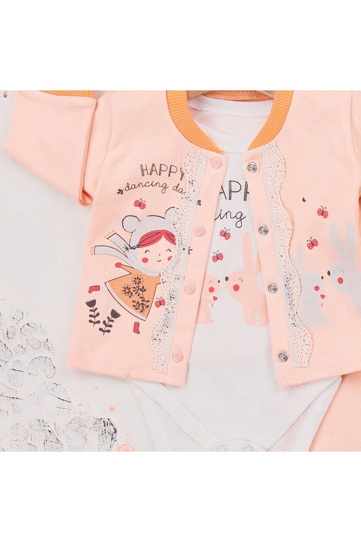 BYB MODA TASARIM 3-9 Ay Kız Bebek Takımı Happy Dancing 3'lü Hırkalı Somon