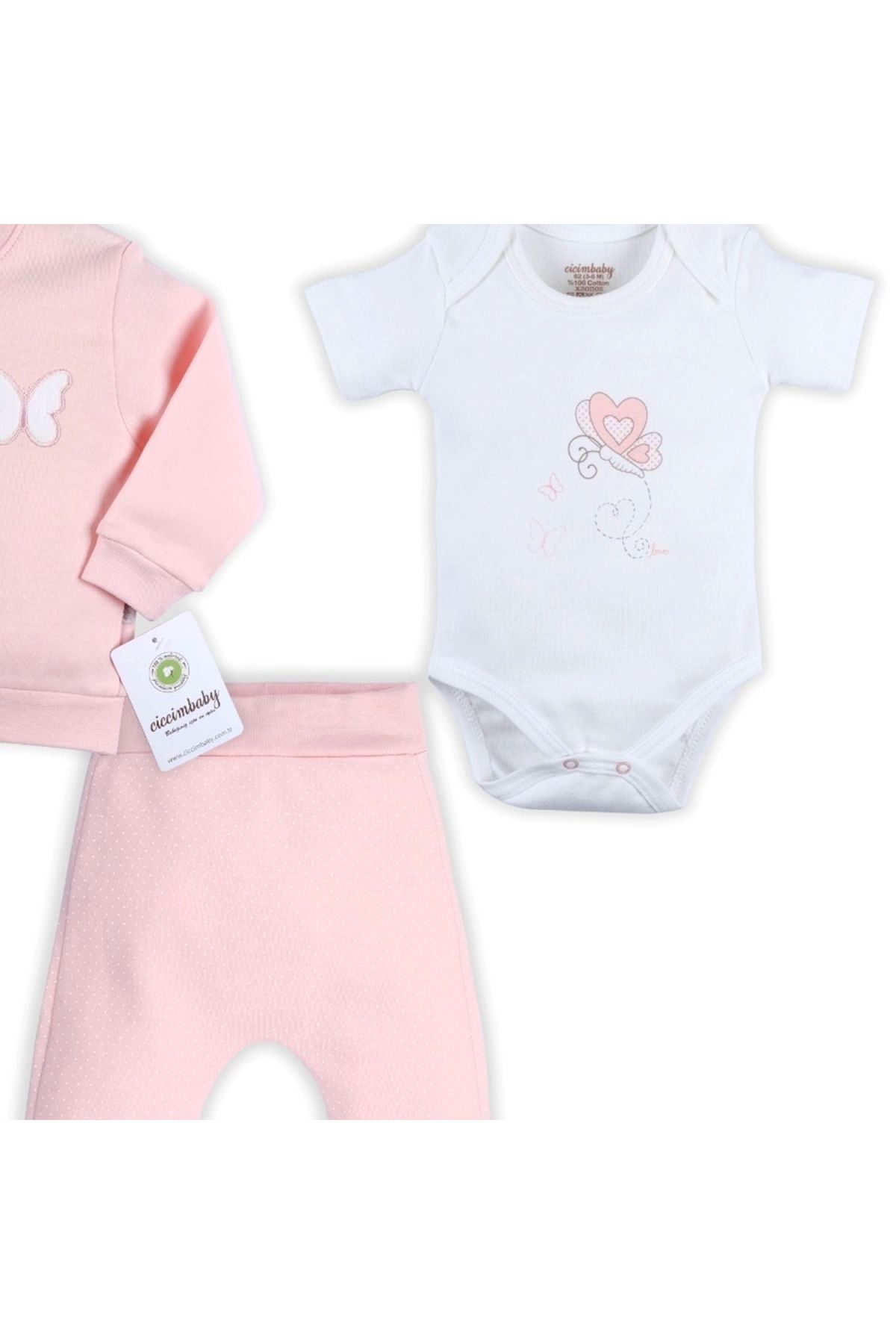BYB MODA TASARIM 3-12 Ay Kalp Hırkalı 3'lü Kız Bebek Alt&Üst Takımı Pembe