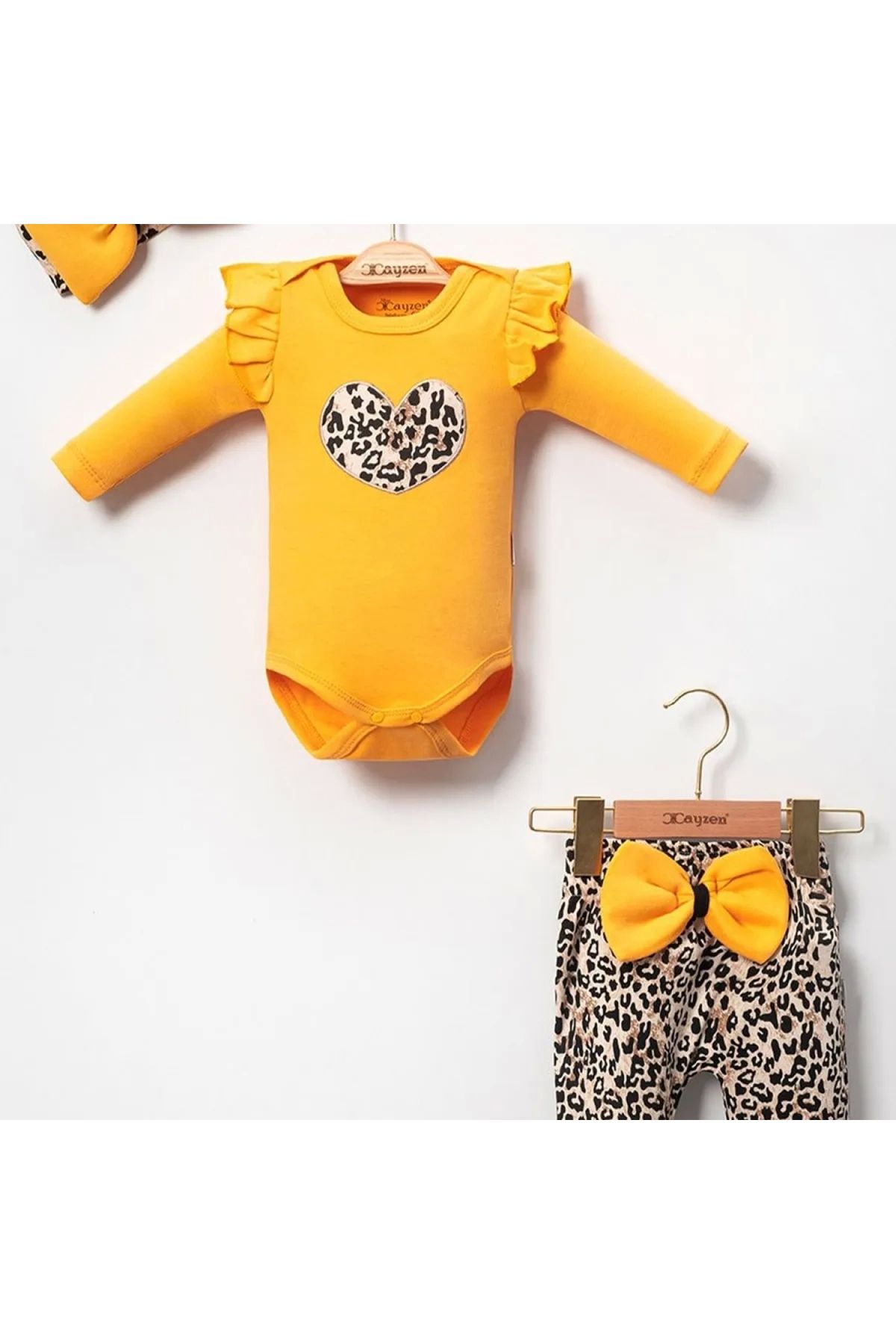 BYB MODA TASARIM 3-18 Ay Kız Bebek Alt&Üst Takımı Fiyonklu Leopar Sarı