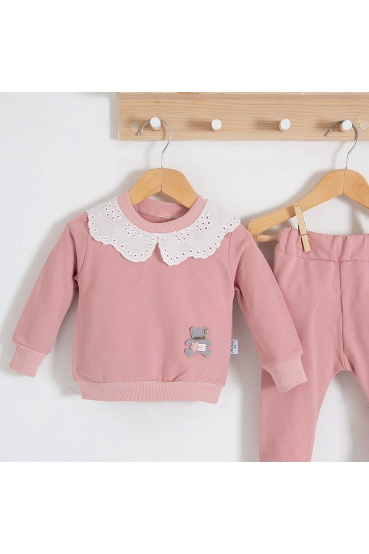 BYB MODA TASARIM 3-18 Ay Kız Bebek Takımı Dantel Yakalı 2'li Pembe