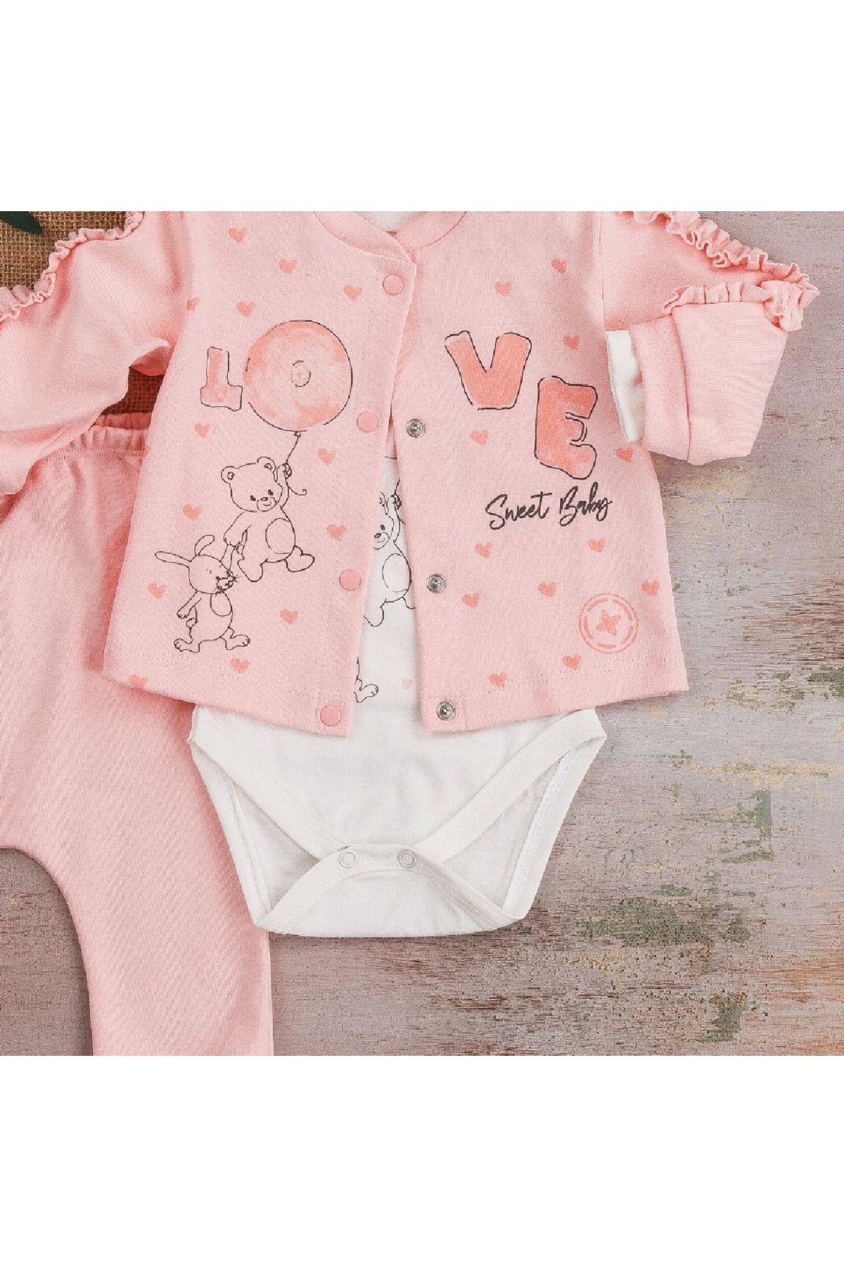 BYB MODA TASARIM 3-9 Ay Hırkalı Kız Bebek Takımı Love Tavşan Fırfır 3'lü Pembe