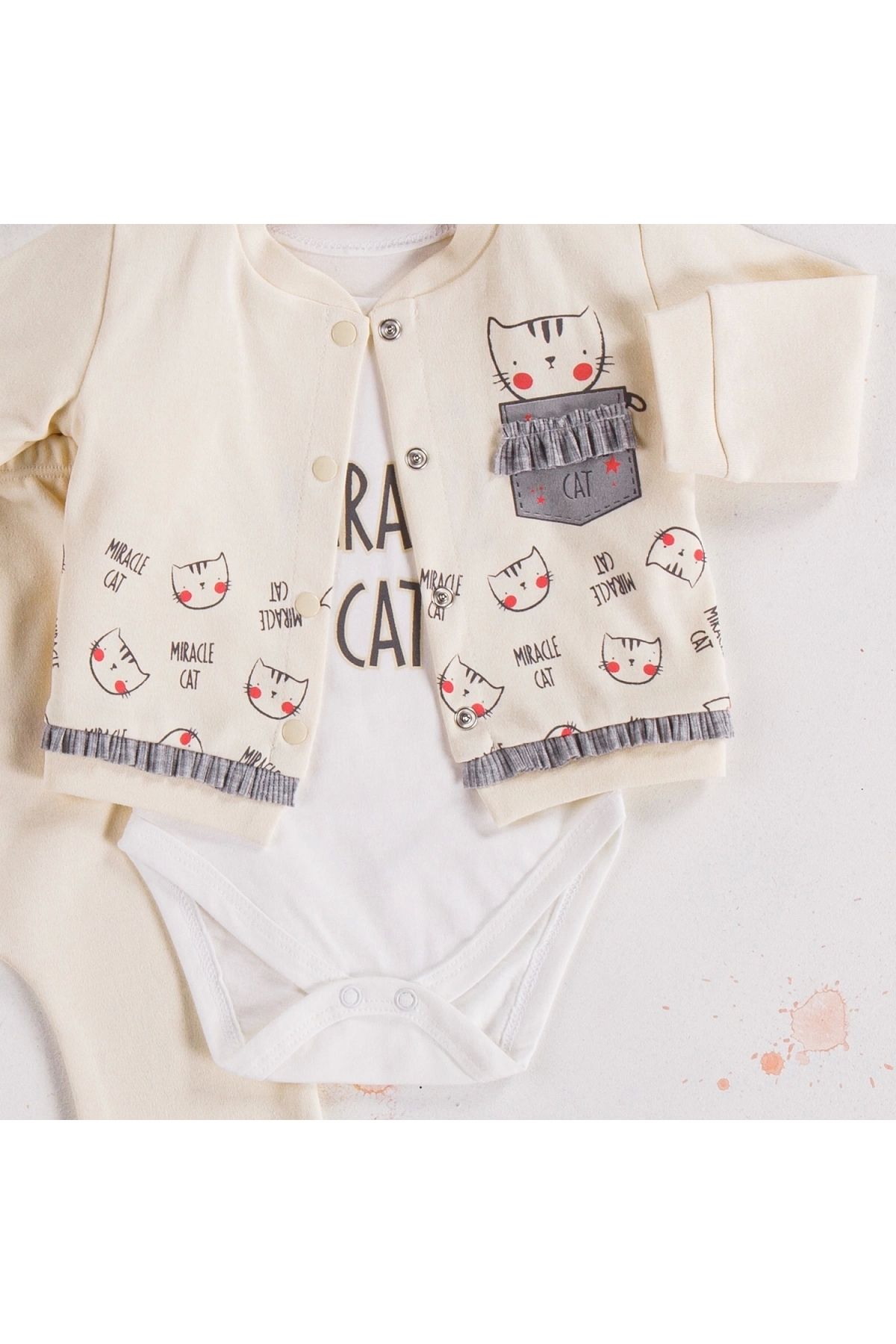 BYB MODA TASARIM 3-9 Ay Kız Bebek Alt&Üst Takımı Kedi 3'lü Hırkalı Krem