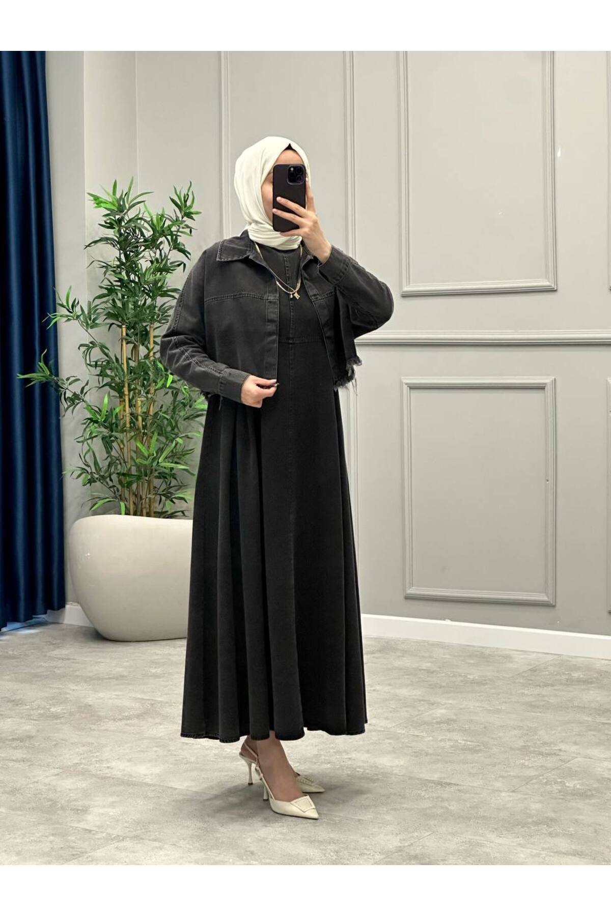 OlaLady-Women's Bottomed Tasseled Jacket Jile Jacket 2-Piece Hijab Denim Jeans Set 4