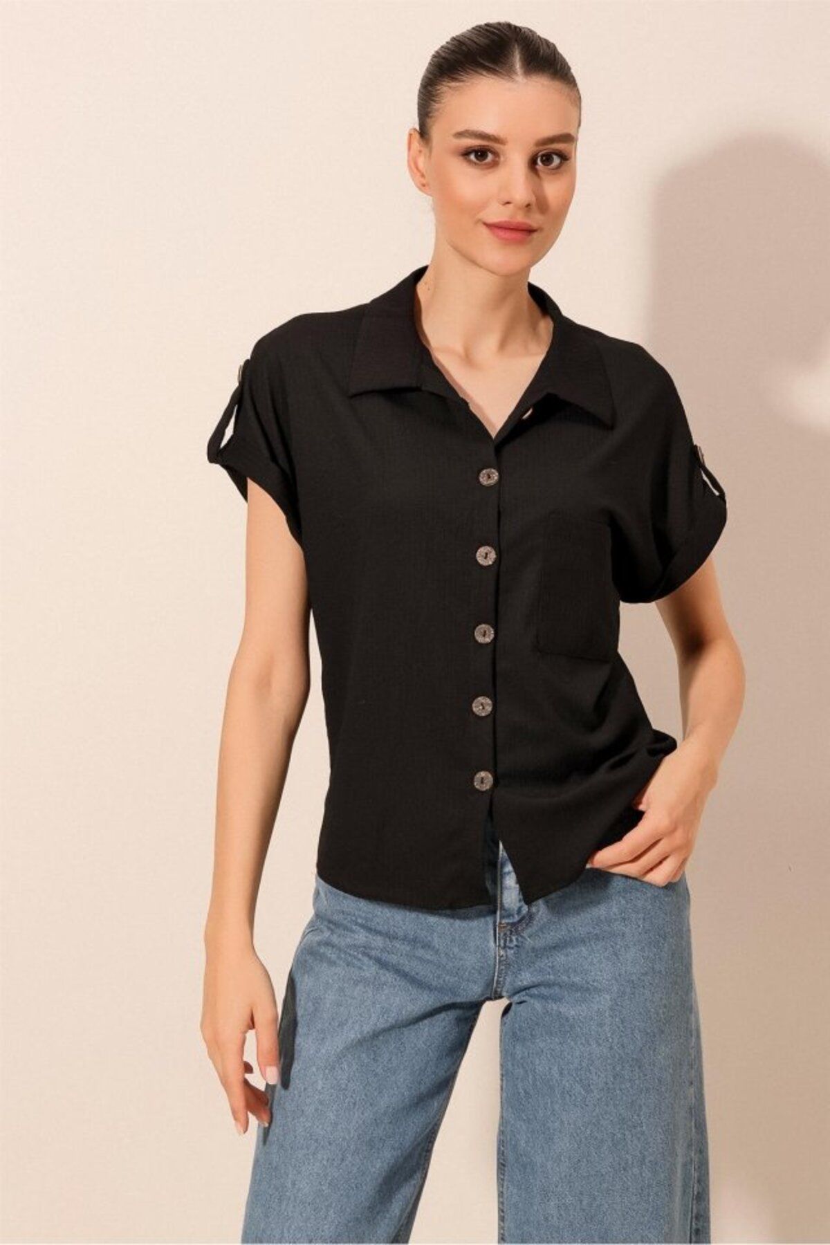 MODA 20187 Kısa Kol Oversize Örme Gömlek - Siyah