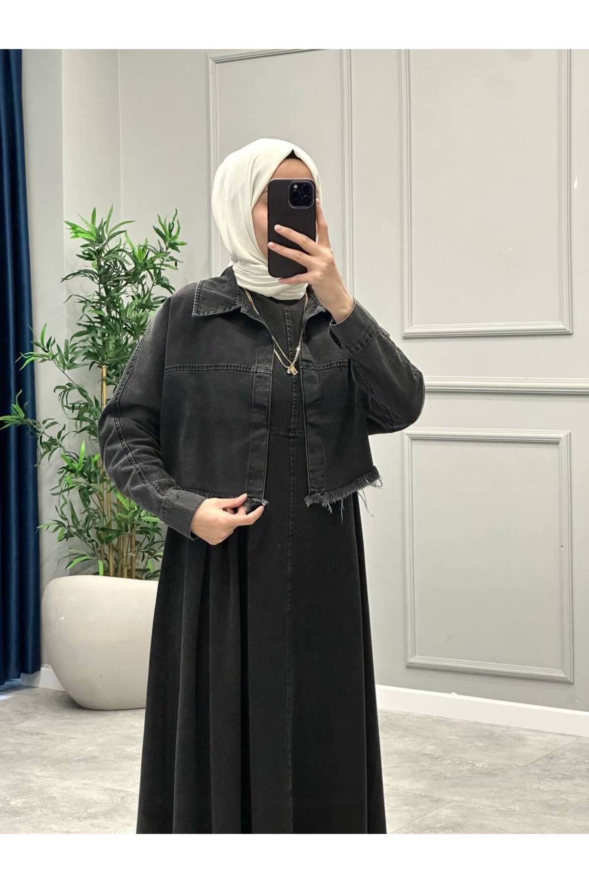 OlaLady-Women's Bottomed Tasseled Jacket Jile Jacket 2-Piece Hijab Denim Jeans Set 3