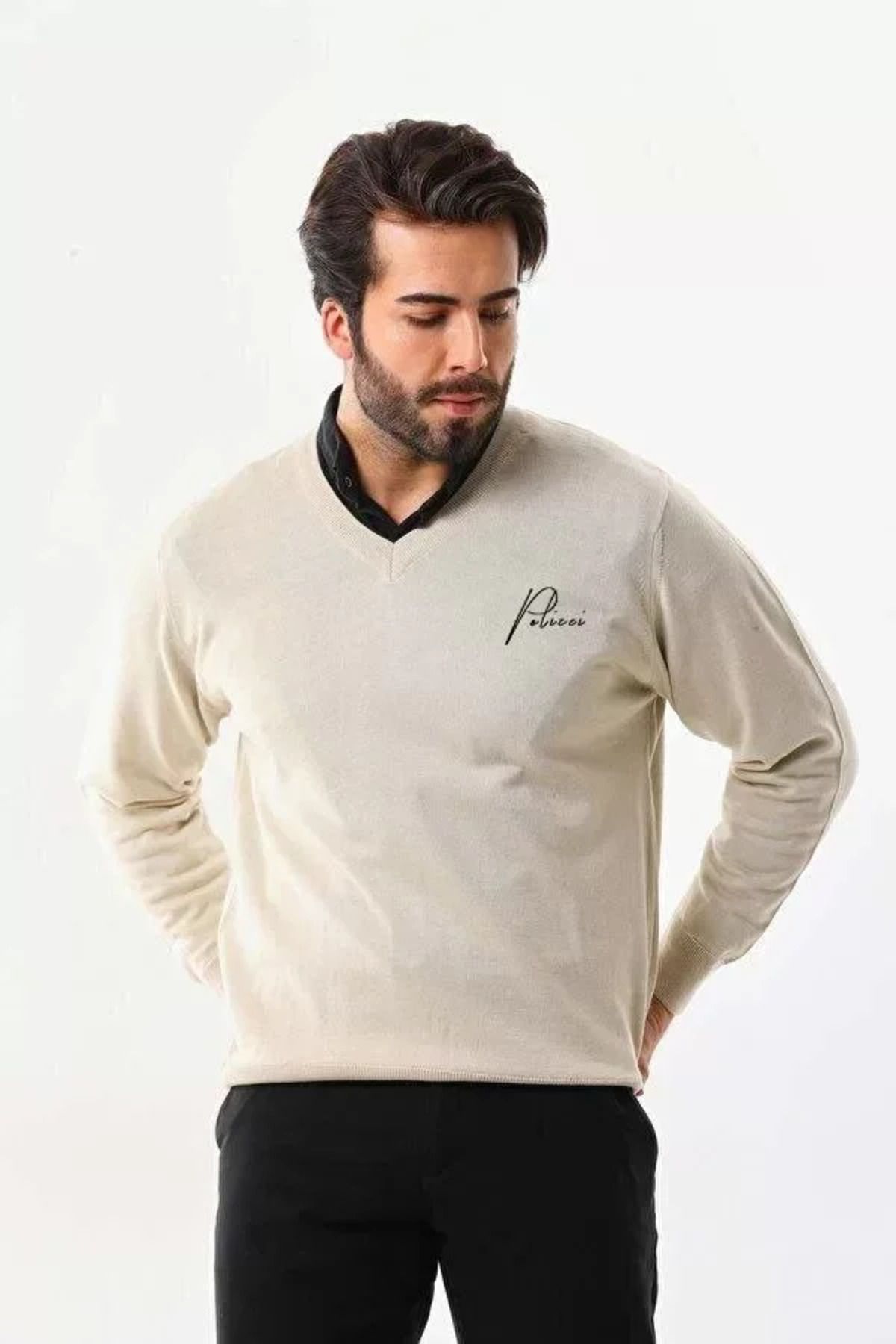 MODA Baskılı V Yaka Uzun Kol Dokuma Triko - Bej