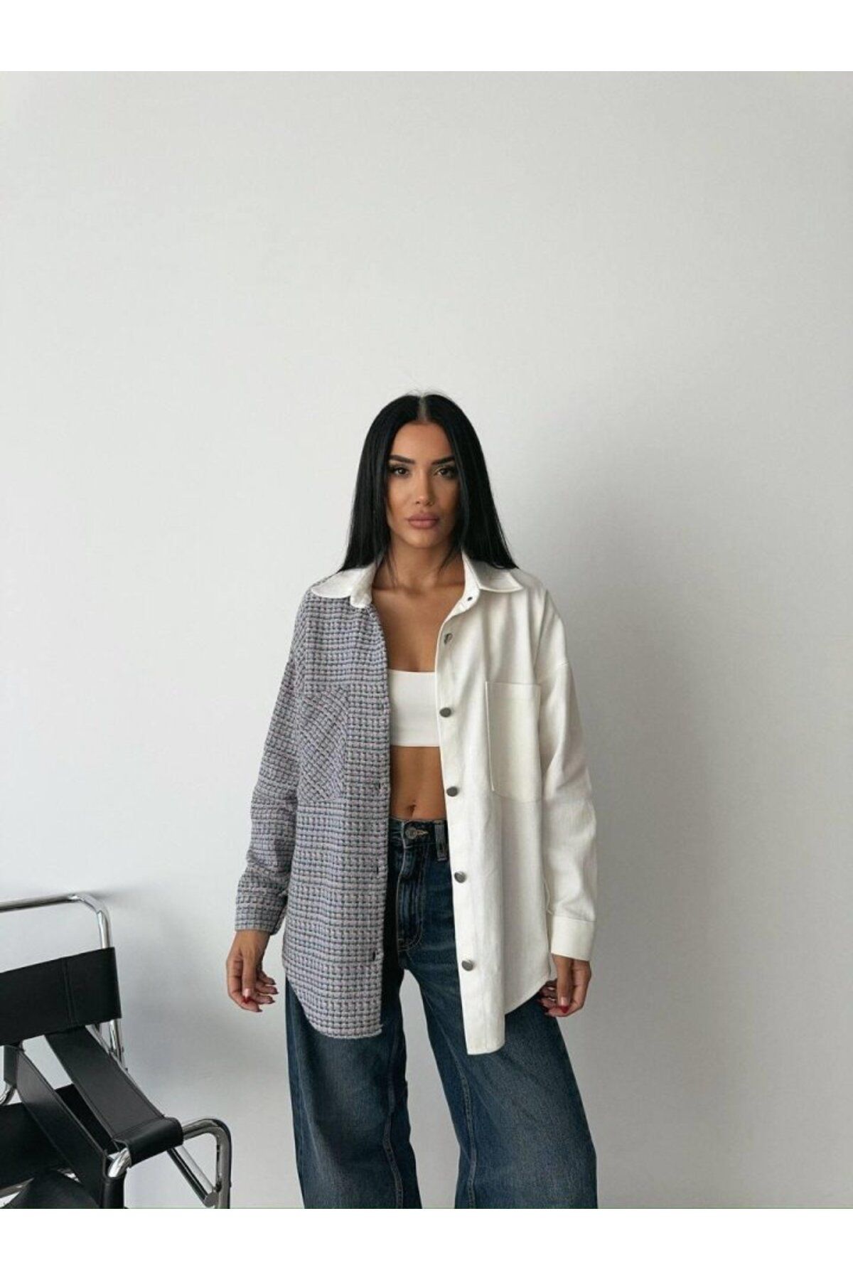 MODA CHANEL PARÇALI GÖMLEK - Mavi-Ekru