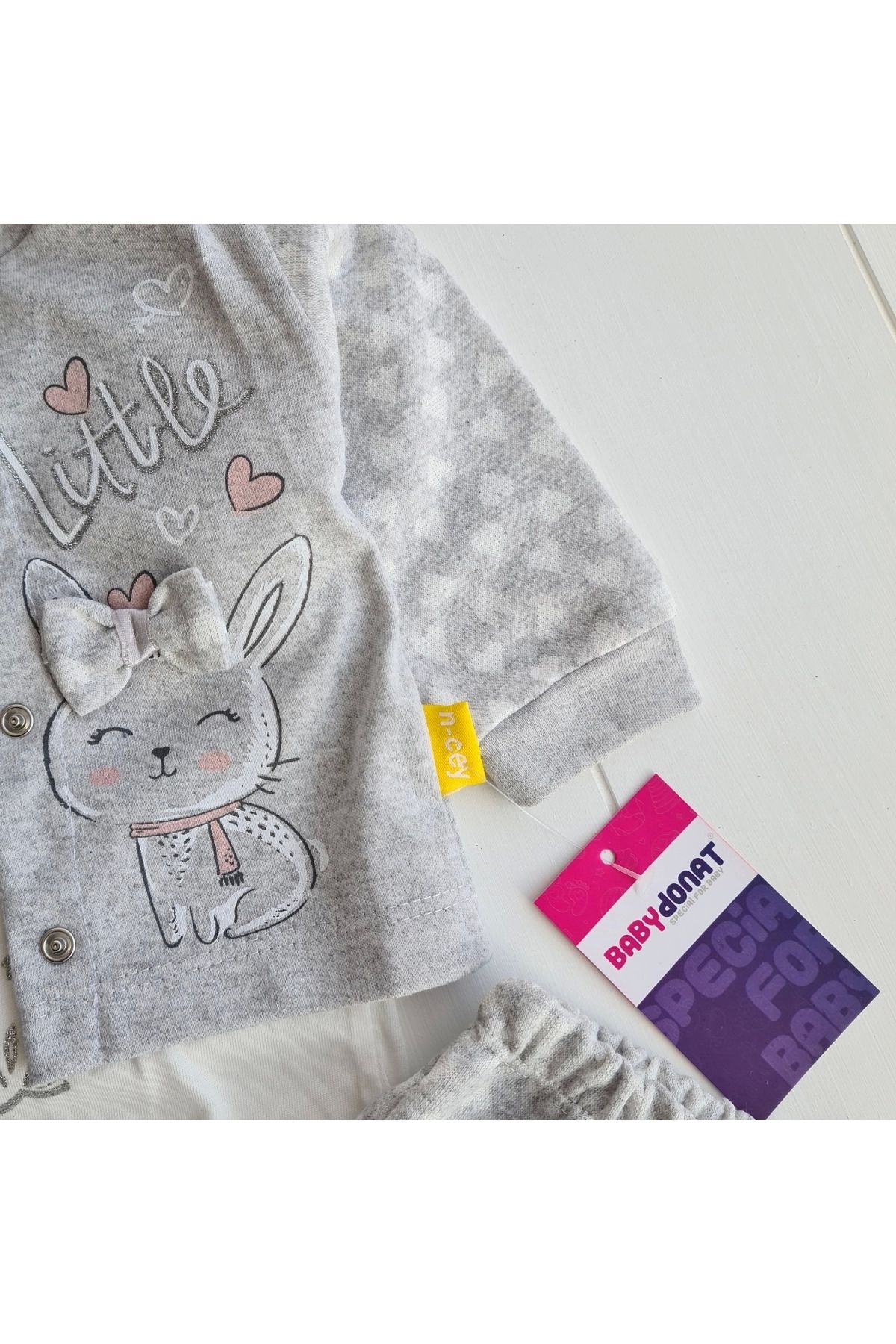 BYB MODA TASARIM 3-9 Ay Kız Bebek Takımı Stay Little Puan 3'lü Hırkalı Gri