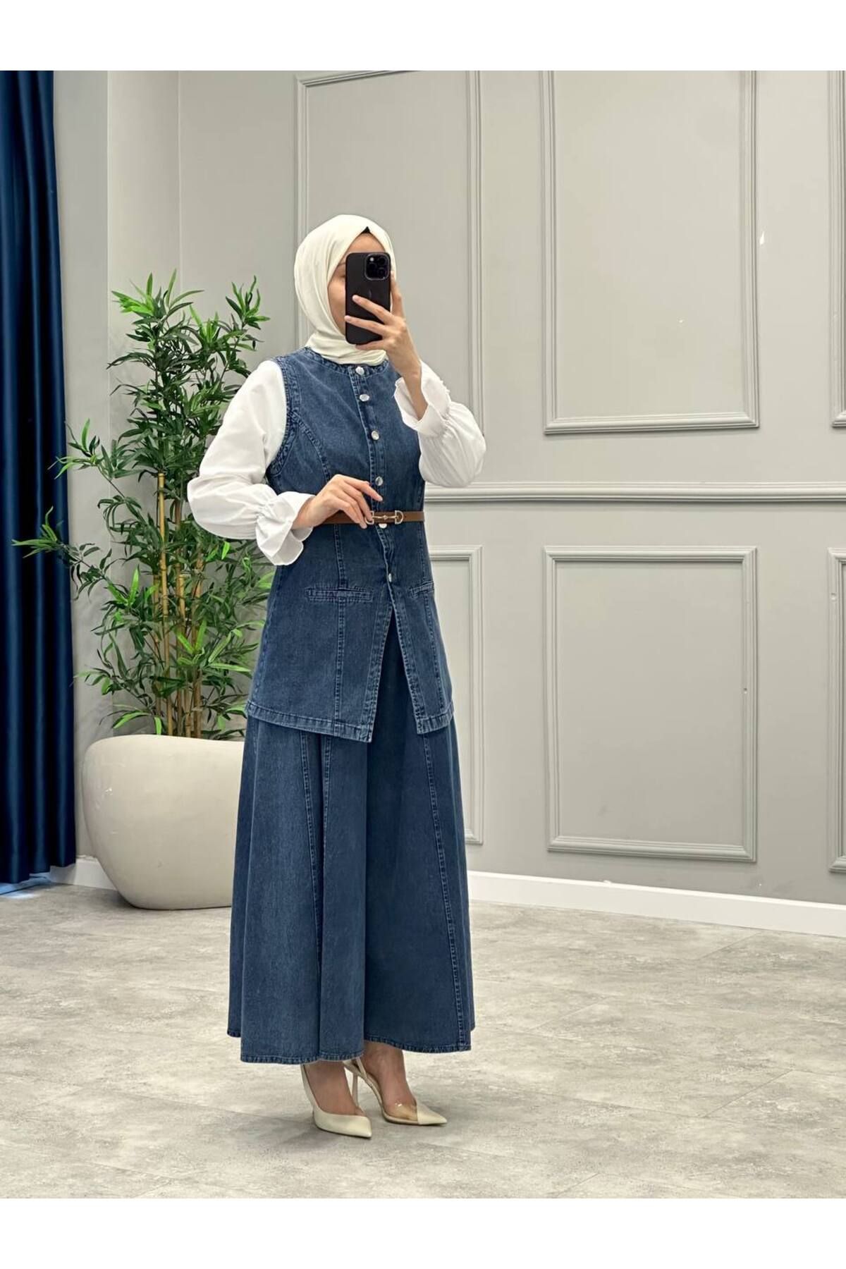 OlaLady Kadın Uzun Yelekli Pantolonlu Tesettür Denim Takım