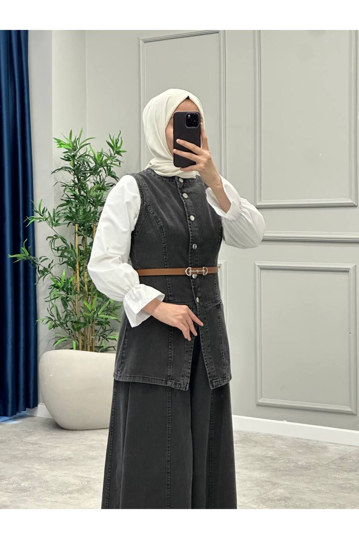 OlaLady Kadın Uzun Yelekli Pantolonlu Tesettür Denim Takım