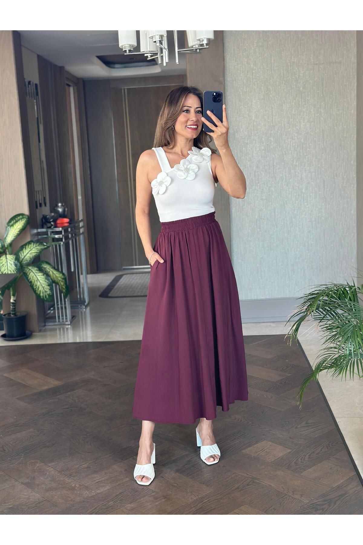 Forlady Butik Mürdüm Tnsl Kumaş Beli Lastikli Cepli Kadın Midi Boy Etek
