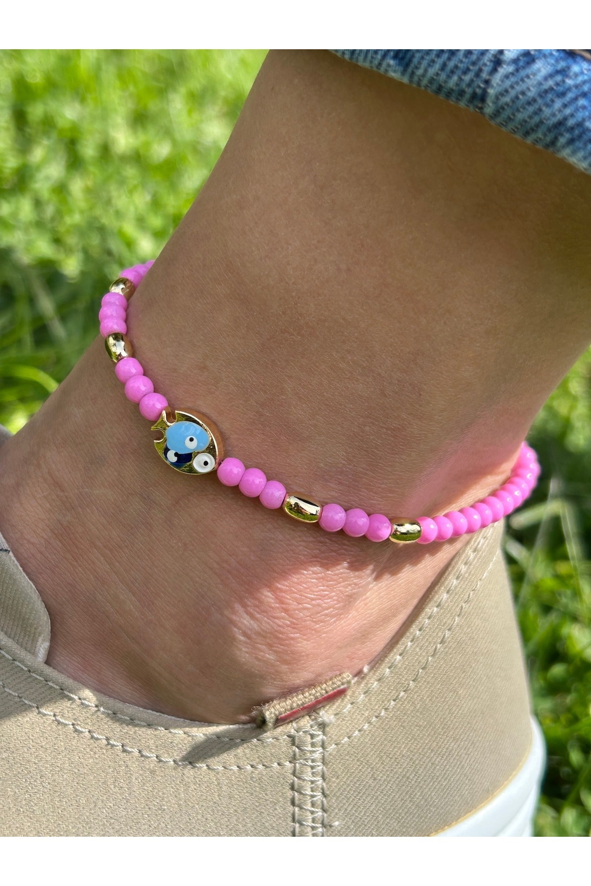 ByMerve Zarif Şık Kadın Gold Pembe Balıklı 25 Cm Boncuk Halhal