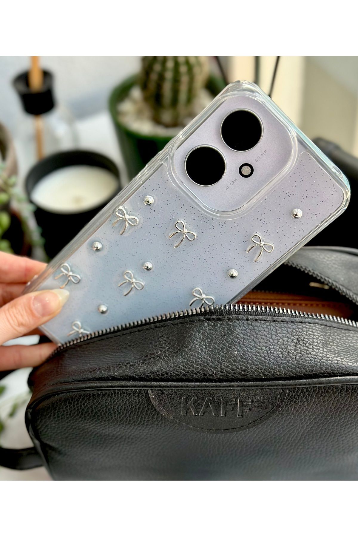 Go Aksesuar-حافظة سيليكون بتصميم فيونكة صغيرة ثلاثية الأبعاد متوافقة مع هاتف Xiaomi Redmi 13C مع لعبة 3
