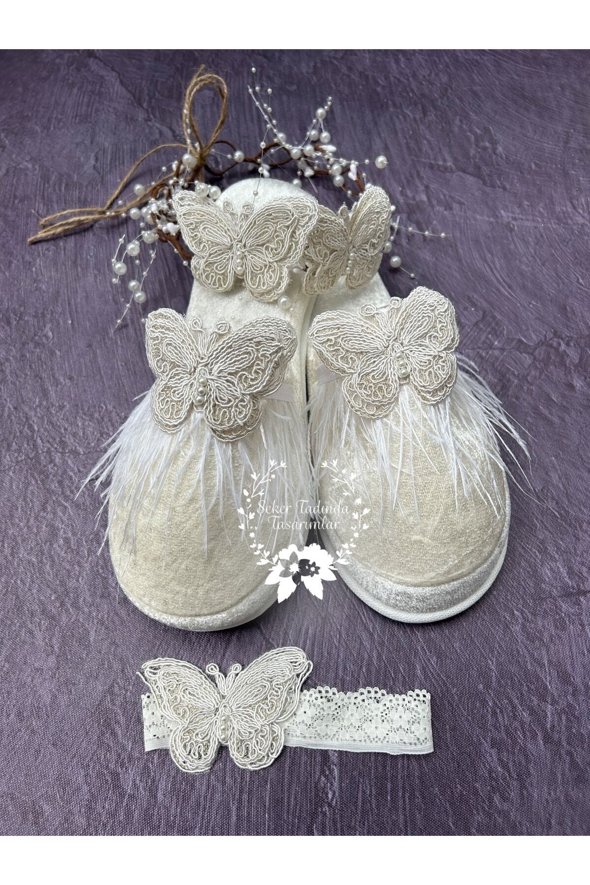 Şeker Tadında Tasarımlar Kelebek Detaylı Yenidoğan Anne Bebek Seti Ekru fotoğrafı 2 (önizleme)