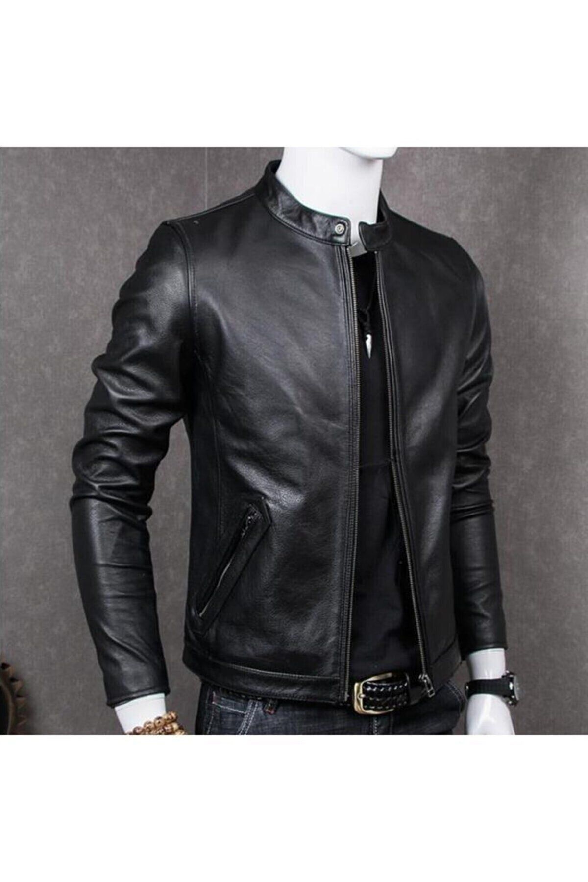 DeriWork-Genuine Lambskin Black English Collar Sports Men's Leather Jacket 2