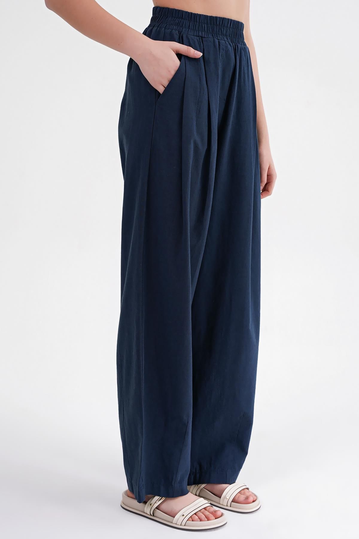 Mixray-4682 Women's Elastic Waist Jogger Linen Trousers Navy Blue 6