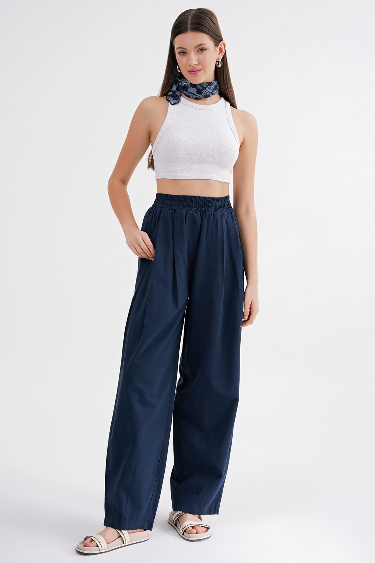 Mixray-4682 Women's Elastic Waist Jogger Linen Trousers Navy Blue 3