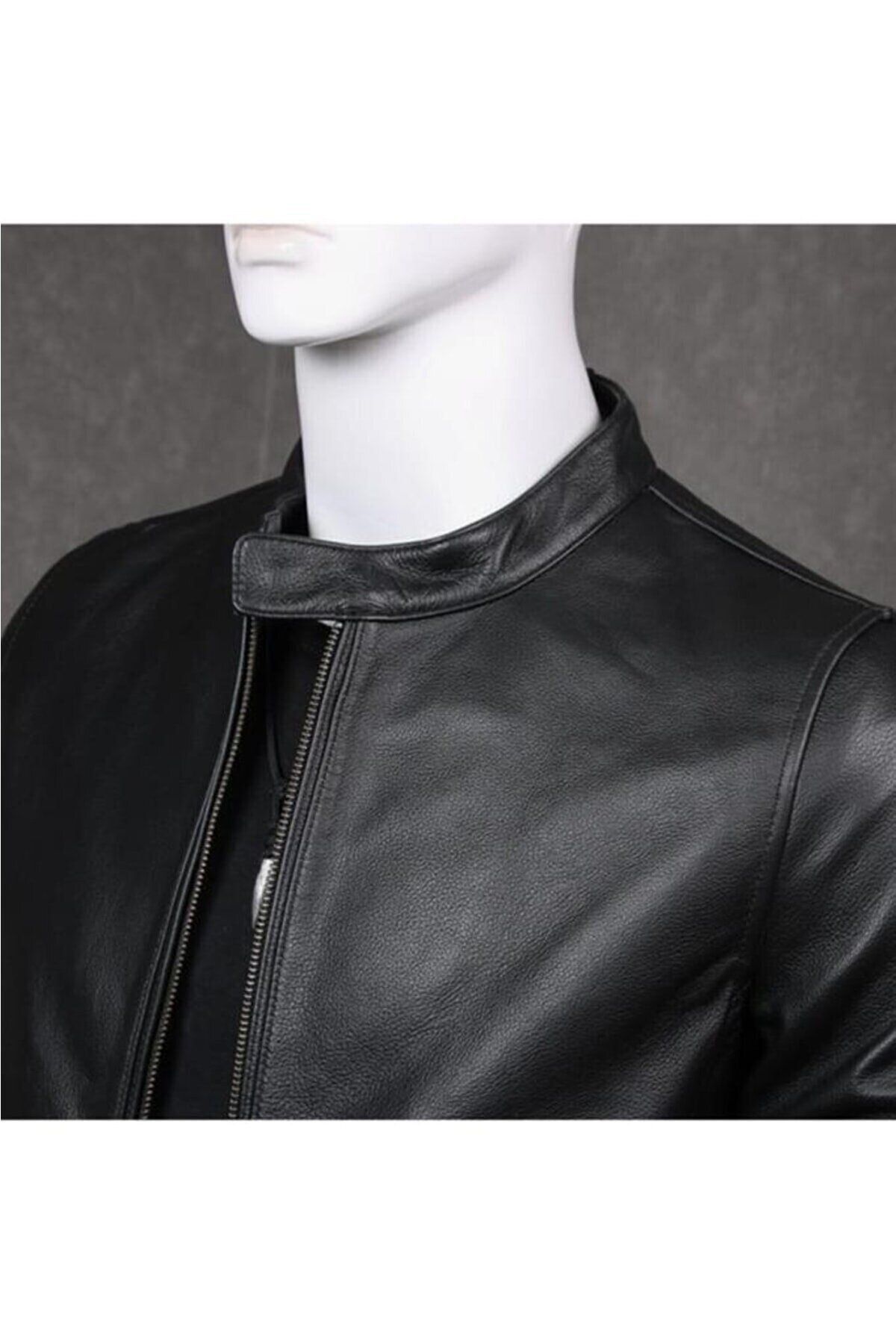 DeriWork-Genuine Lambskin Black English Collar Sports Men's Leather Jacket 3