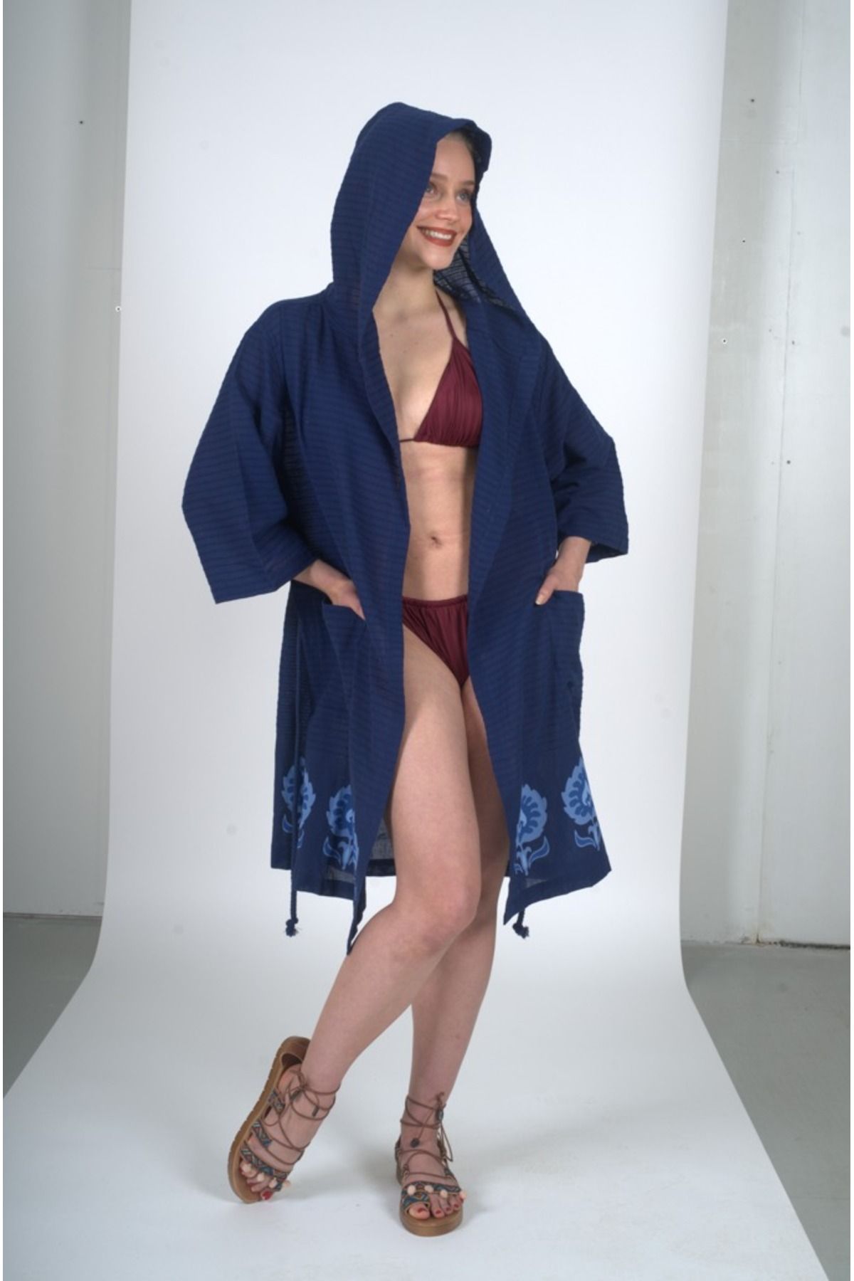 lalinehome Etnik Detaylı Lacivert Kimono