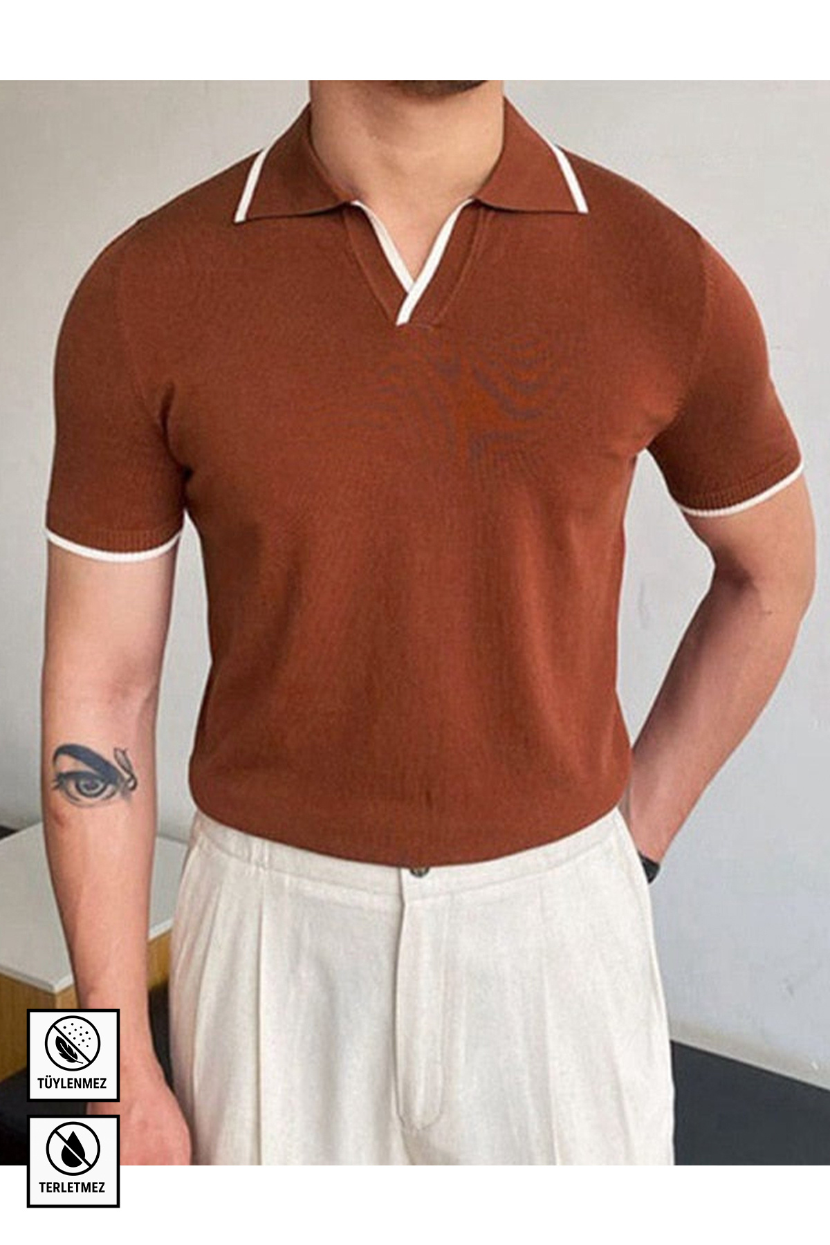 Men's Old Money Polo Neck Knitwear T-shirt White Line Detailed Sweatproof Featherless