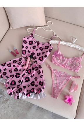 EDLİNGERİE Pembe Leopar Desenli Askılı Şortlu Pijama Takımı - Yazlık Viskon /...