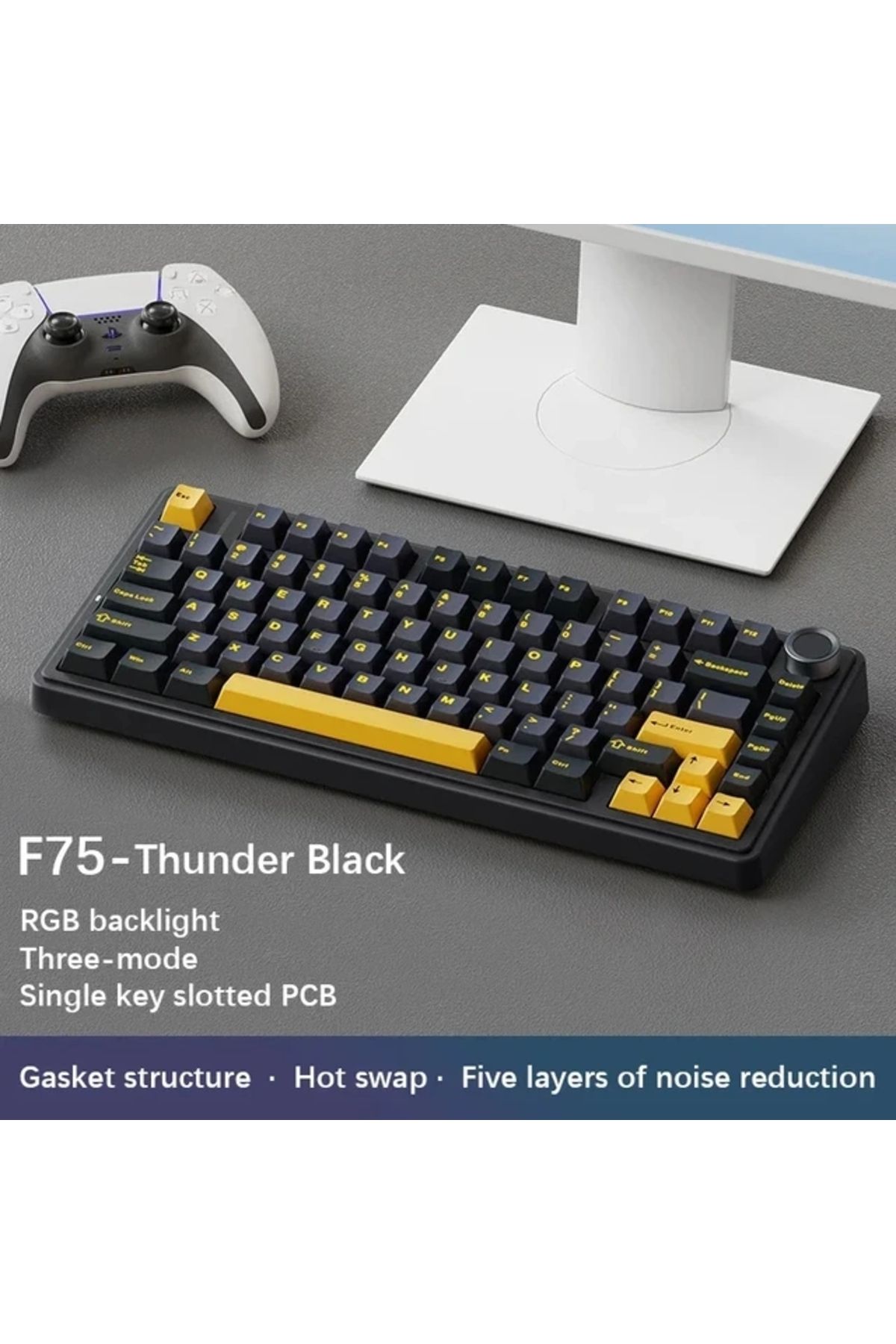 Aula-لوحة مفاتيح الألعاب الميكانيكية Green Switch Thunder Black F75 2.4G لاسلكية/بلوتوث/سلكية RGB Cus 1