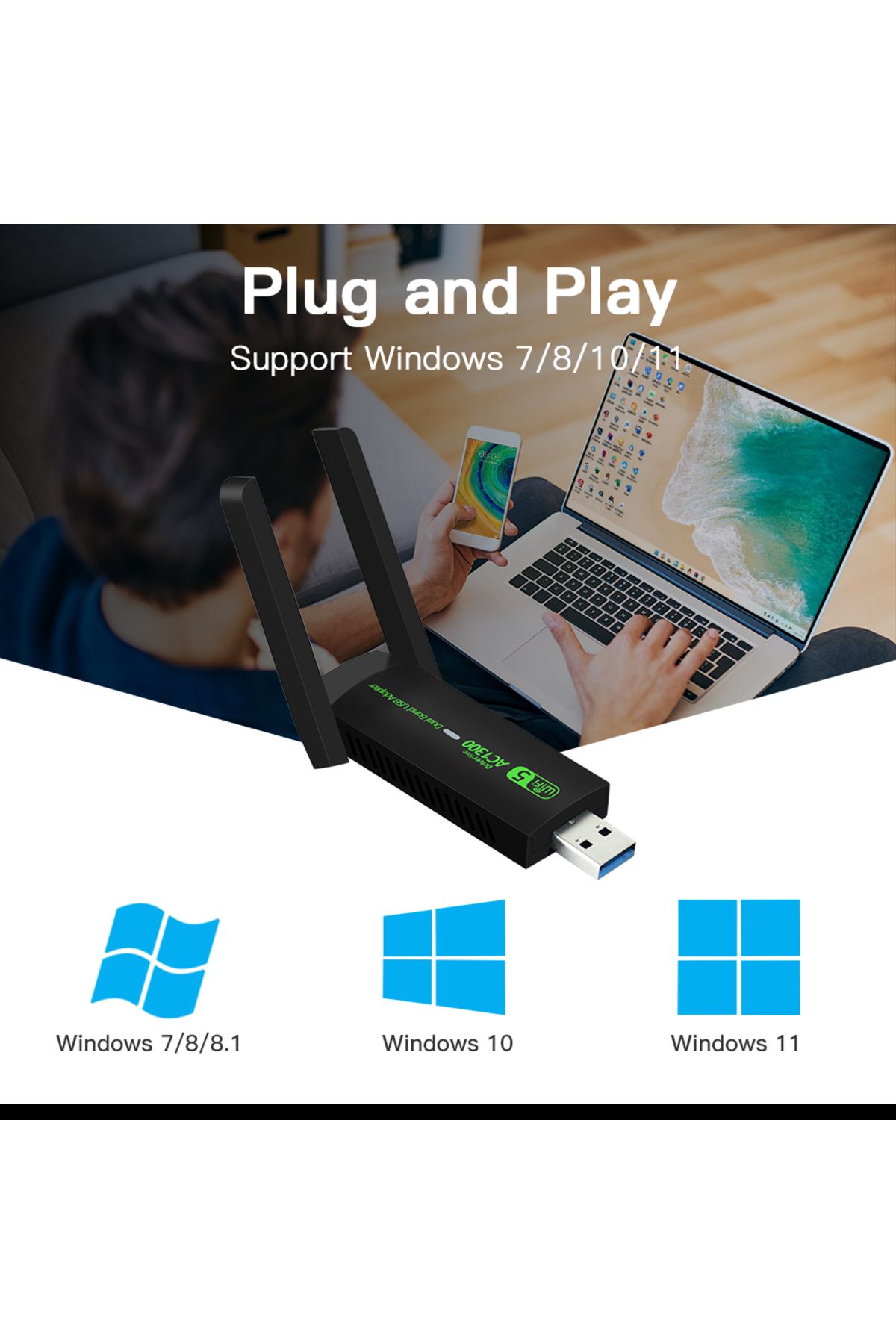 DERAPID-محول واي فاي USB بسرعة 1300 ميجابت في الثانية، نطاق مزدوج 2.4 جيجاهرتز 5 جيجاهرتز، مستقبل إشارة لاسلكي، وضع AP لأجهزة الكمبيوتر الشخصية/الكمبيوتر المحمول... 6