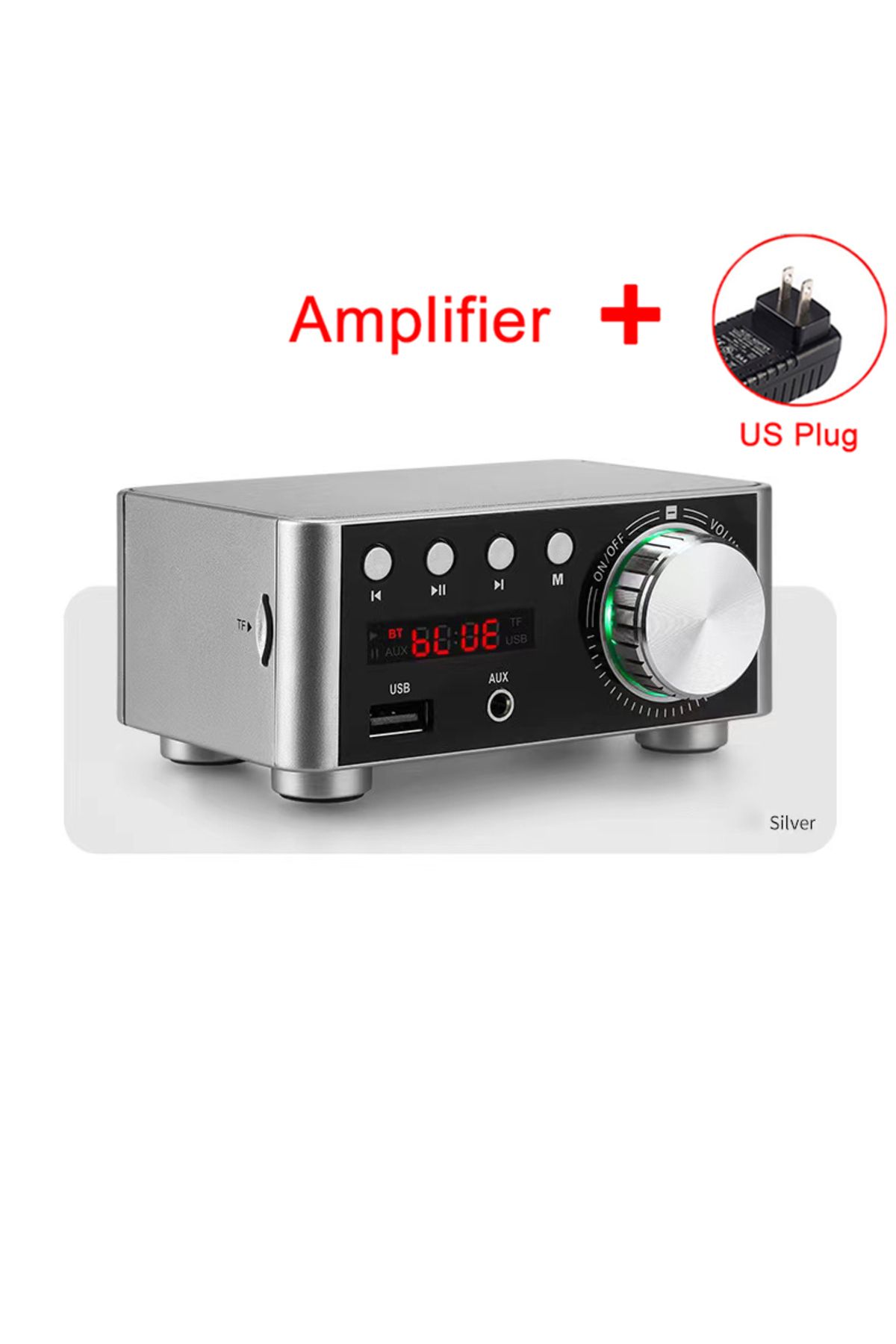 MAOZUA-Silver Set (US Plug) Mini Audio HiFi Bluetooth 5.0 Power Class D Amplifier 2.0 Channel Tpa3116 Digit 1