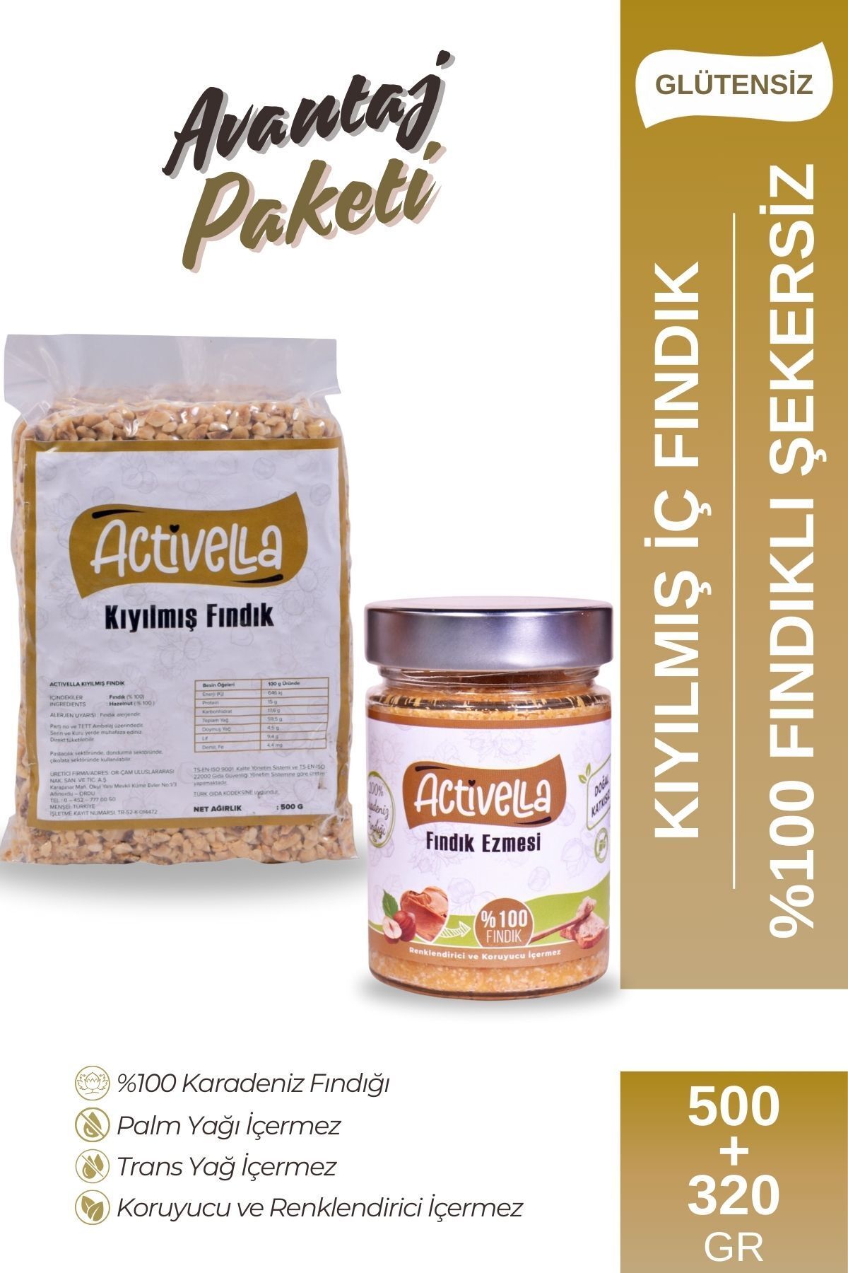 Activella Şekersiz Fındık Ezmesi 320gr %100 Fındıklı + Kıyılmış İç Fındık 500gr