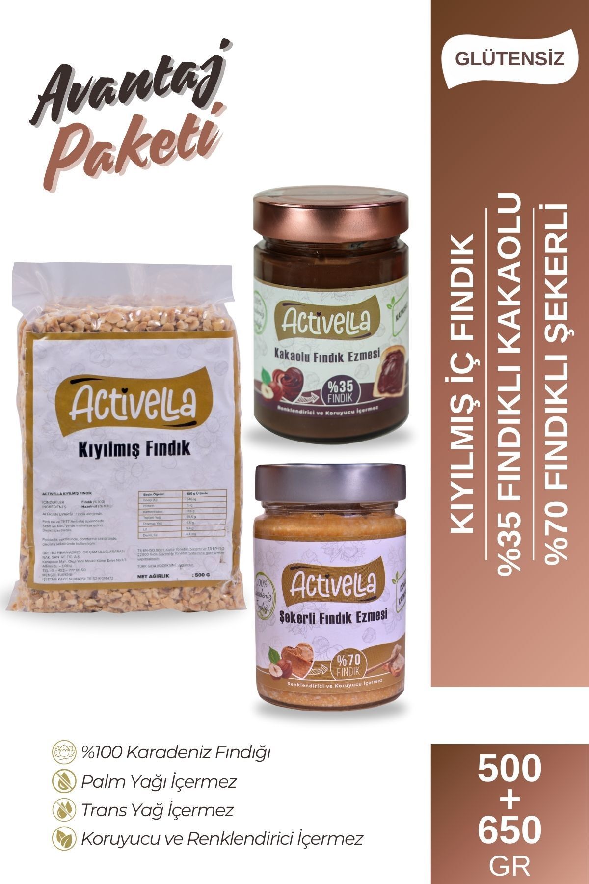 Activella Kakaolu 330gr %35 Fındıklı + Şekerli 320gr %70 Fındıklı + Kıyılmış İç Fındık 500gr
