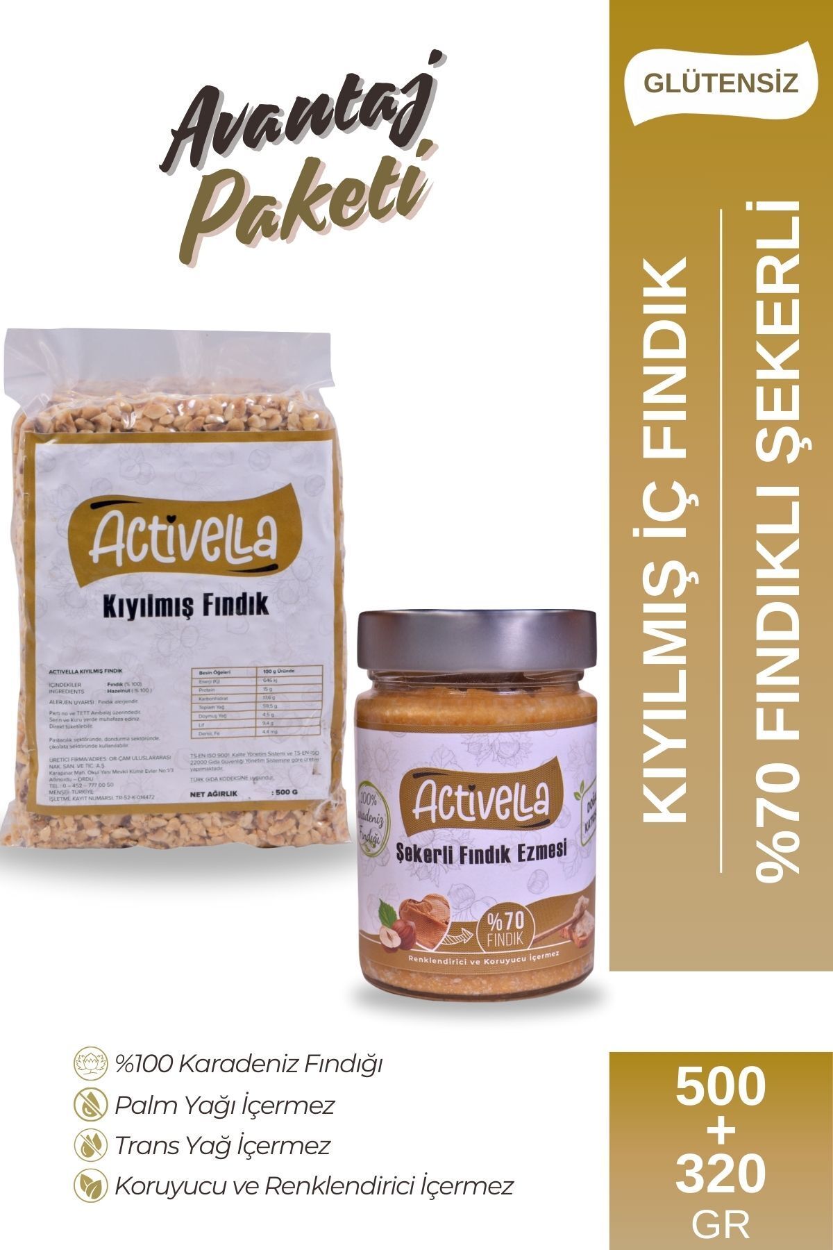 Activella Şekerli Fındık Ezmesi 320gr %70 Fındıklı + Kıyılmış İç Fındık 500gr