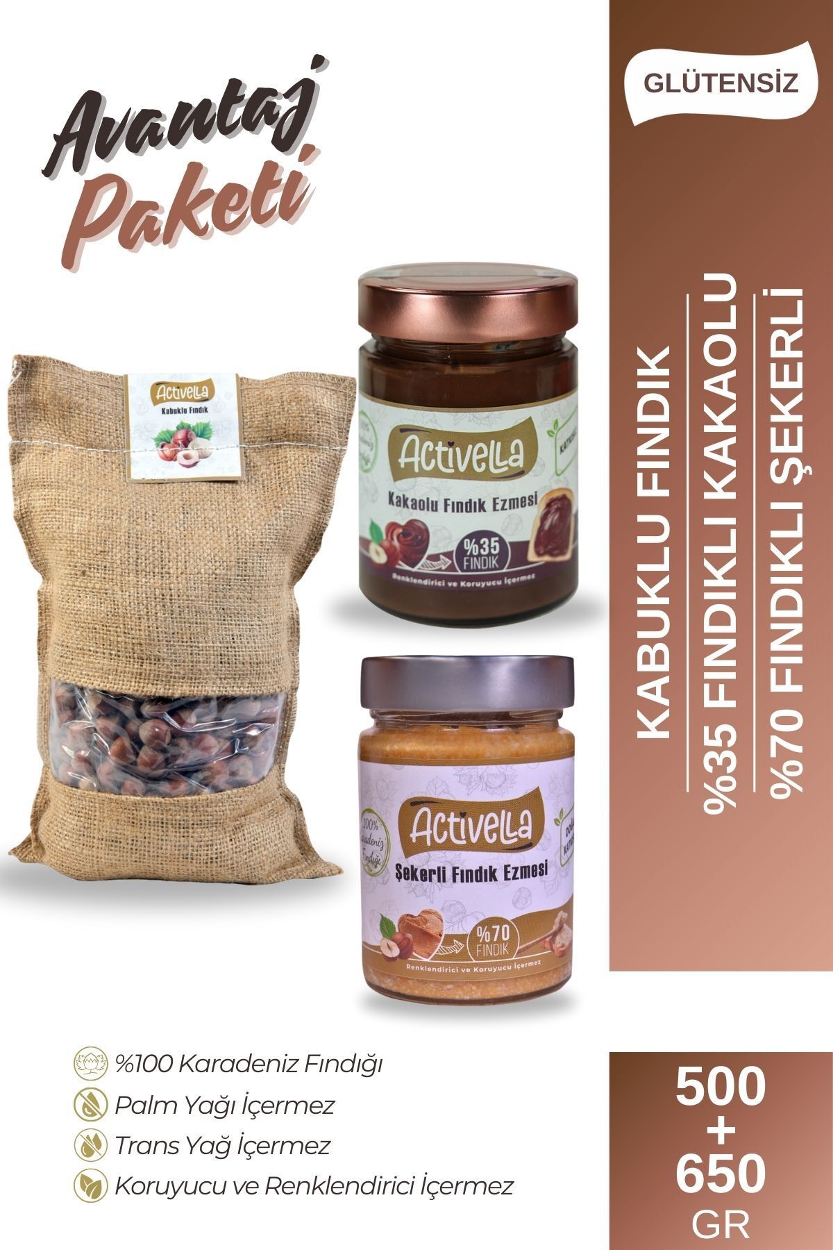 Activella Kakaolu 330gr %35 Fındıklı + Şekerli 320gr %70 Fındıklı + Kabuklu Fındık 500gr