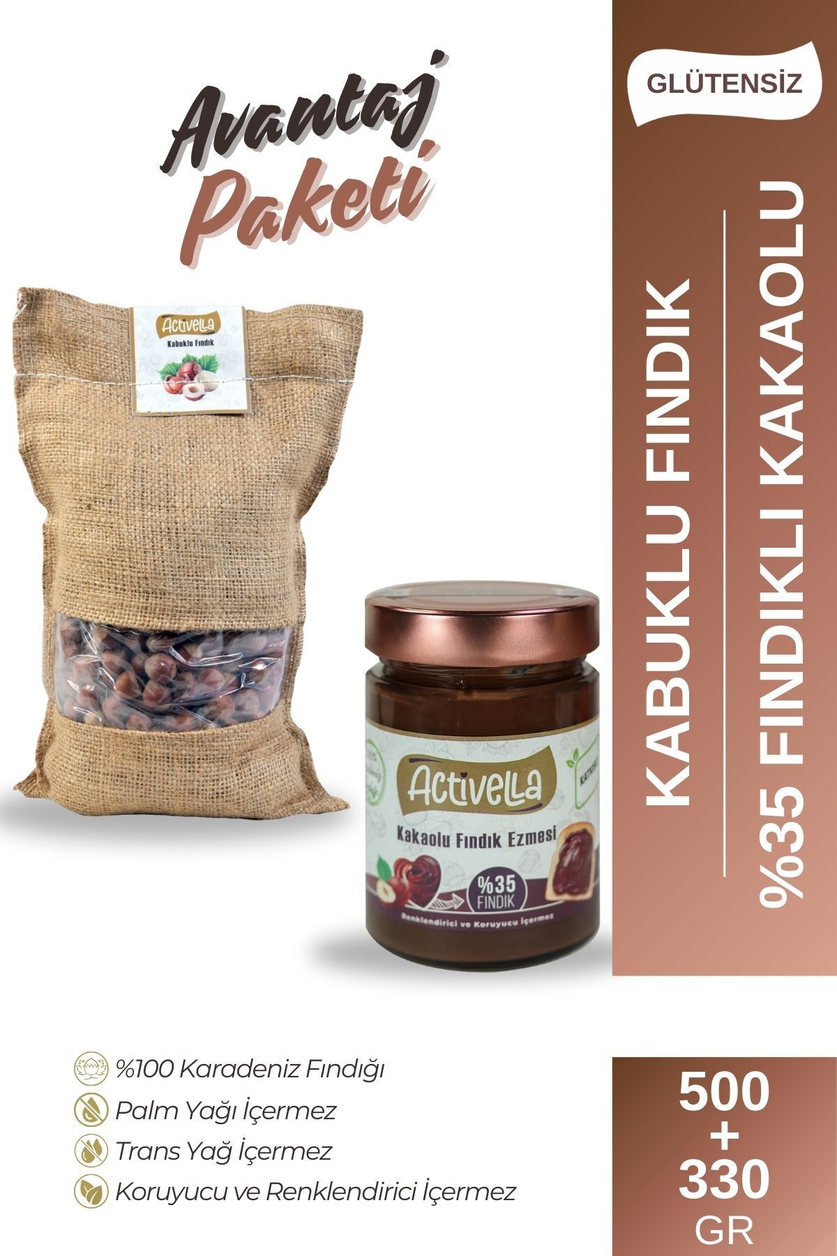 Activella Kakaolu Fındık Ezmesi 330gr %35 Fındıklı + Kabuklu Fındık 500gr