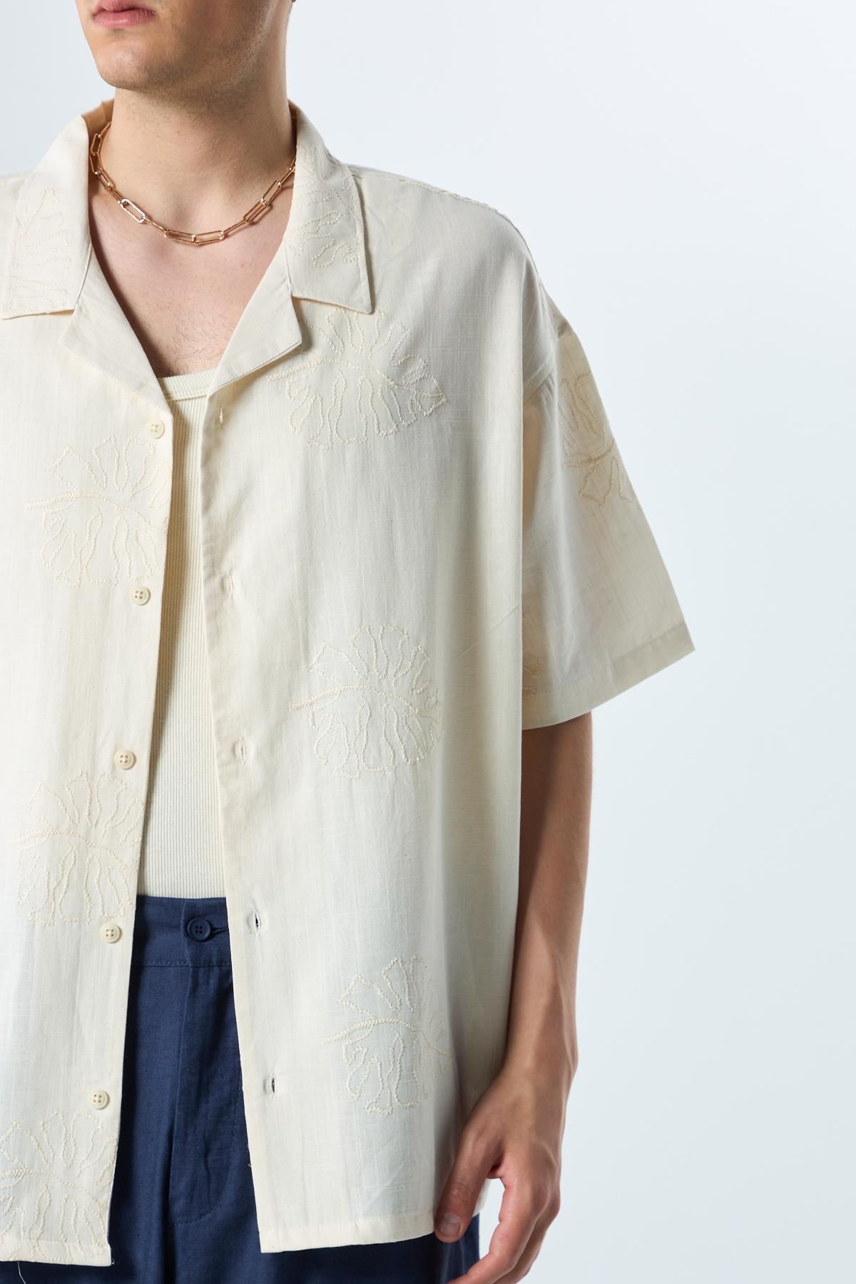 پیراهن / بلوز دکمه دار صورتی مردانه گلدوزی با جزئیات کتانی Oversize Naturel VAMOSCLO