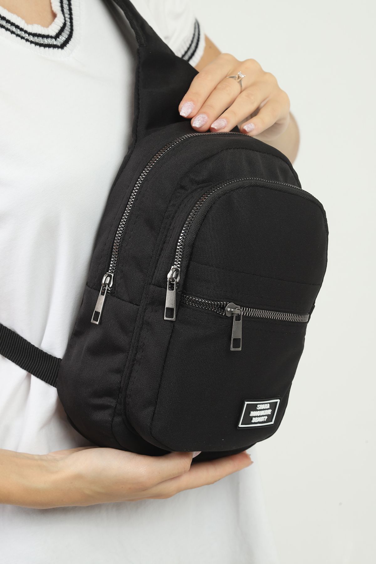 SHAKA-Black U3 3 Compartment Adjustable Cross Strap Canvas Unisex Waist and Shoulder Bag B:30 E:15 4