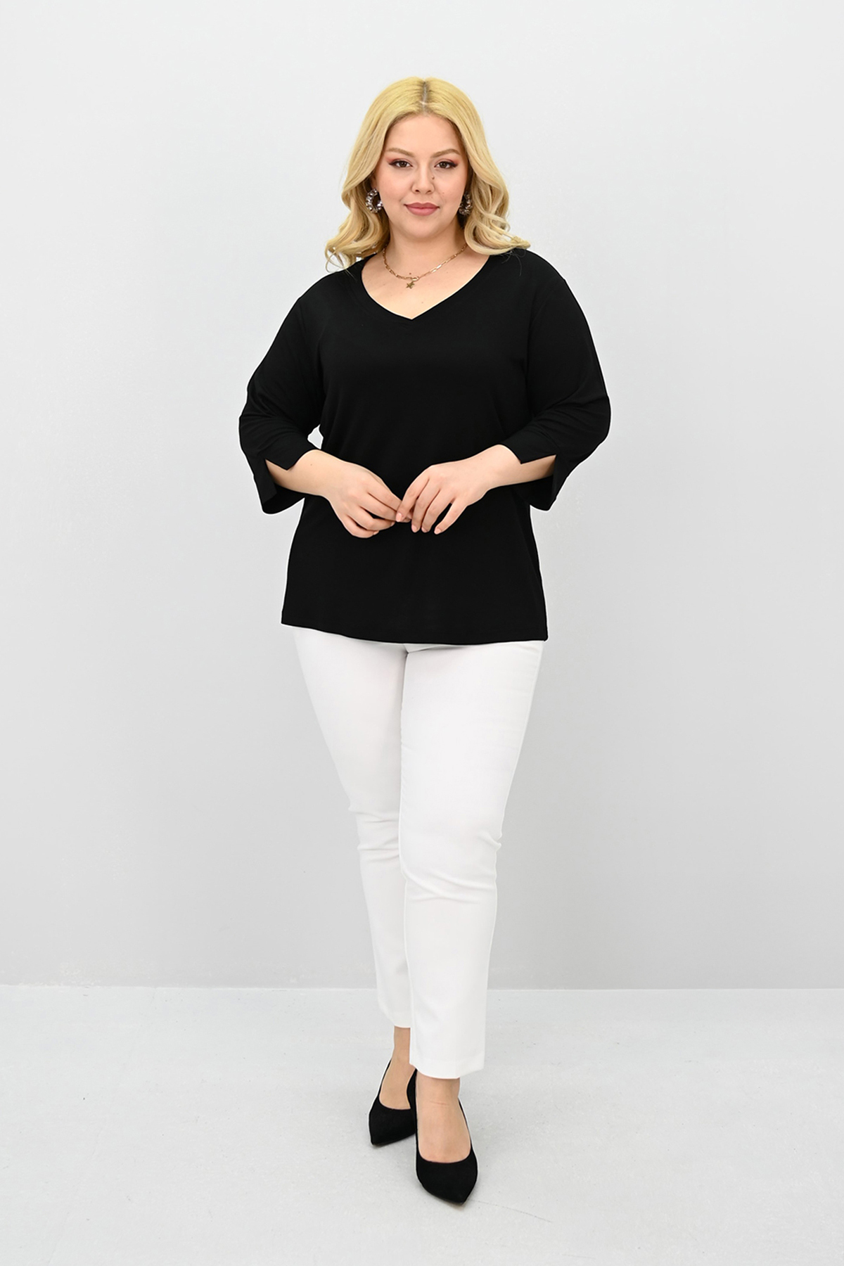 Koza Butik  Kadın Büyük Beden Bantlı V yaka Bluz 1919-25 - Görsel 6