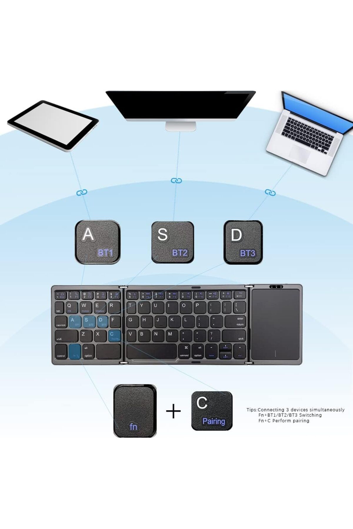 AWH-Foldable Bluetooth Keyboard with Touchpad, Rechargeable, Slim for Android, iOS, Windows 3