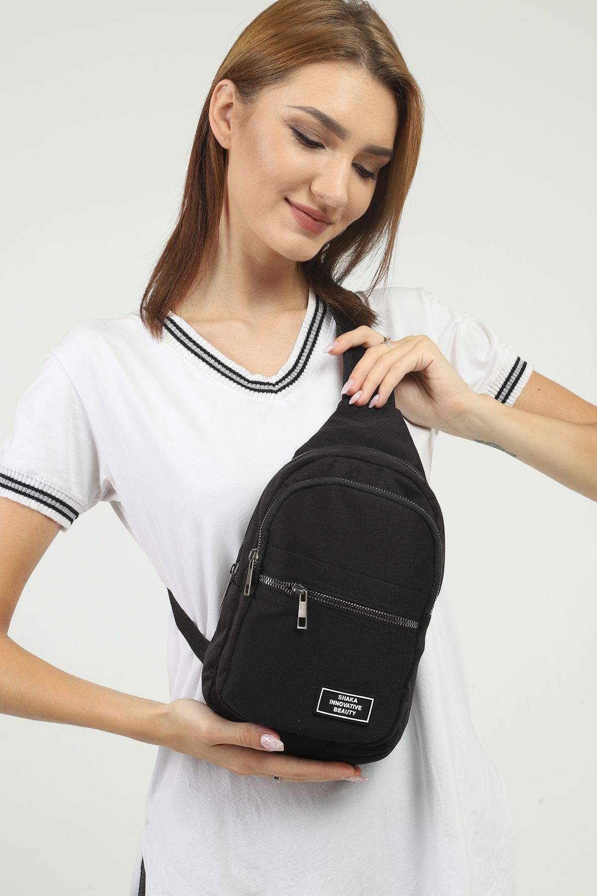 SHAKA-Black U3 3 Compartment Adjustable Cross Strap Canvas Unisex Waist and Shoulder Bag B:30 E:15 1
