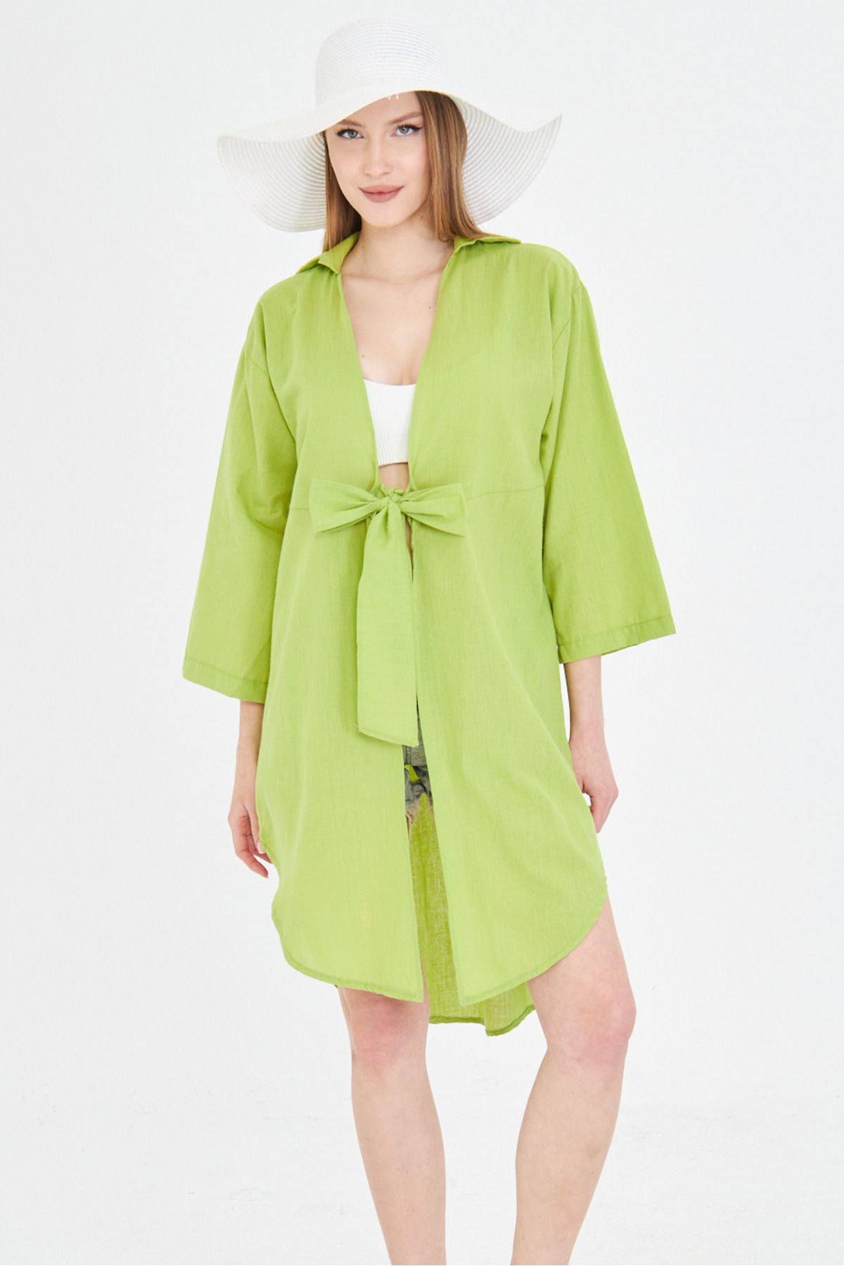 armonika Kadın Yağ Yeşili Önden Bağlamalı İnce Keten Kumaş Midi Boy Kimono Gömlek ARM-24Y001081